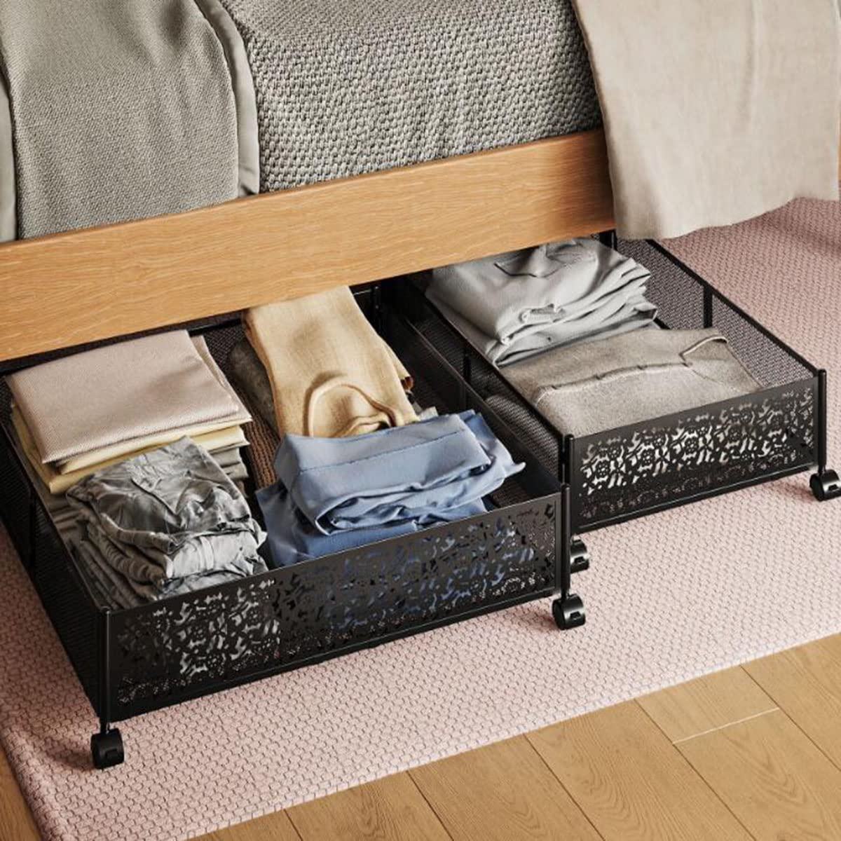Rangement De Vêtements, Pliable en Fer Forgé sous Le Lit, Organiseur De Conteneurs De Rangement De Chaussures avec Roues, Montage Facile pour Ranger Vêtements, Literie Et Chaussures