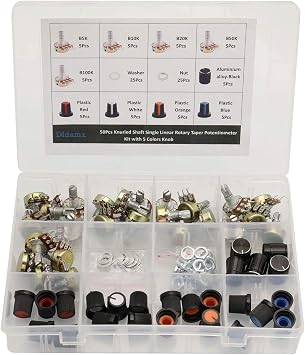 50Pcs B5K B10K B20K B50K B100K Ohm Knurled Shaft Single Linear Rotary Taper Potentiometer Kit with Nuts and Washers and 5 Colors Knob