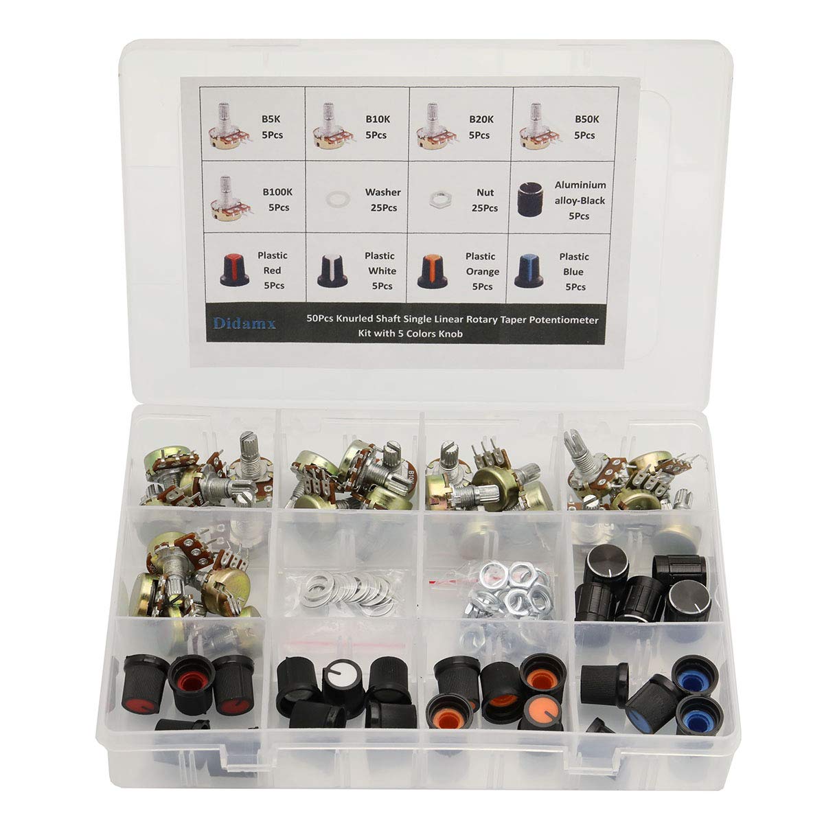 50Pcs B5K B10K B20K B50K B100K Ohm Knurled Shaft Single Linear Rotary Taper Potentiometer Kit with Nuts and Washers and 5 Colors Knob