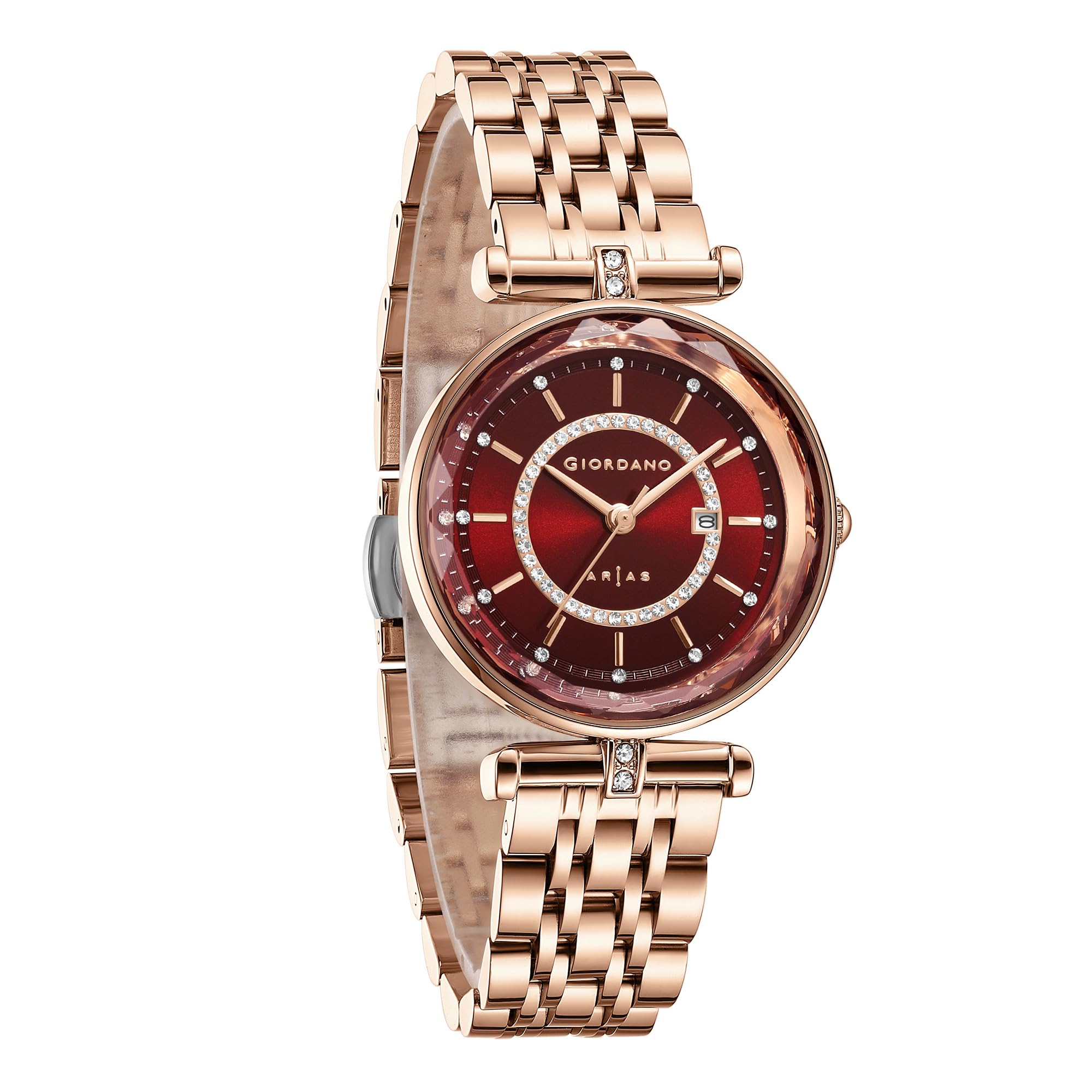 Arias Lara Dutta Signature Collection Analog Quartz Watch for Women with Crystal-Studded Cut Glass Dial, Date Display and Rose Gold Stainless Steel Strap-image-4