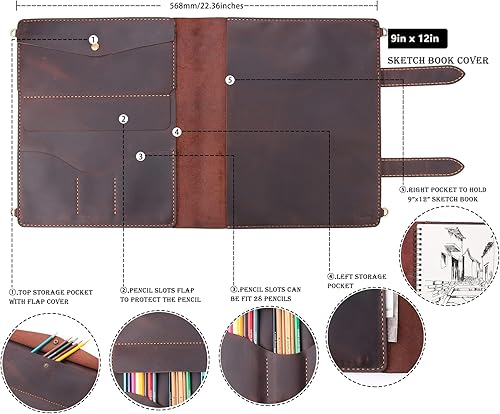 Miniatura 9 de Robrasim Funda de cuero hecha a mano, soporte para bloc de bocetos de artista para cuaderno de bocetos de 9 x 12 pulgadas, libro de dibujo y estuche