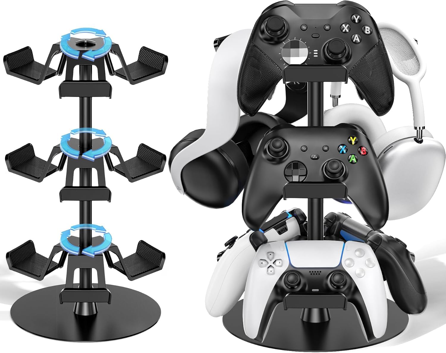 Stojak na słuchawki 3 poziomy na biurko, obrotowy stojak na kontroler do gier na PS5/PS4/Xbox/Switch2/PS Portal/telefon, uniwersalny kontroler akcesoriów dla graczy, uchwyt na słuchawki do 9 opakowań