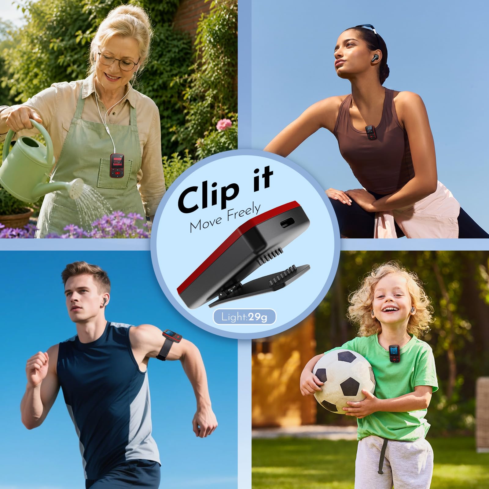 64GB MP3 Player Bluetooth 5.3, Clip Sport Musikplayer mit Blindbedienung, Tragbarer 29g Mini Audioplayer mit Resume-Funktion, FM Radio, Diktiergerät, bis 128GB
