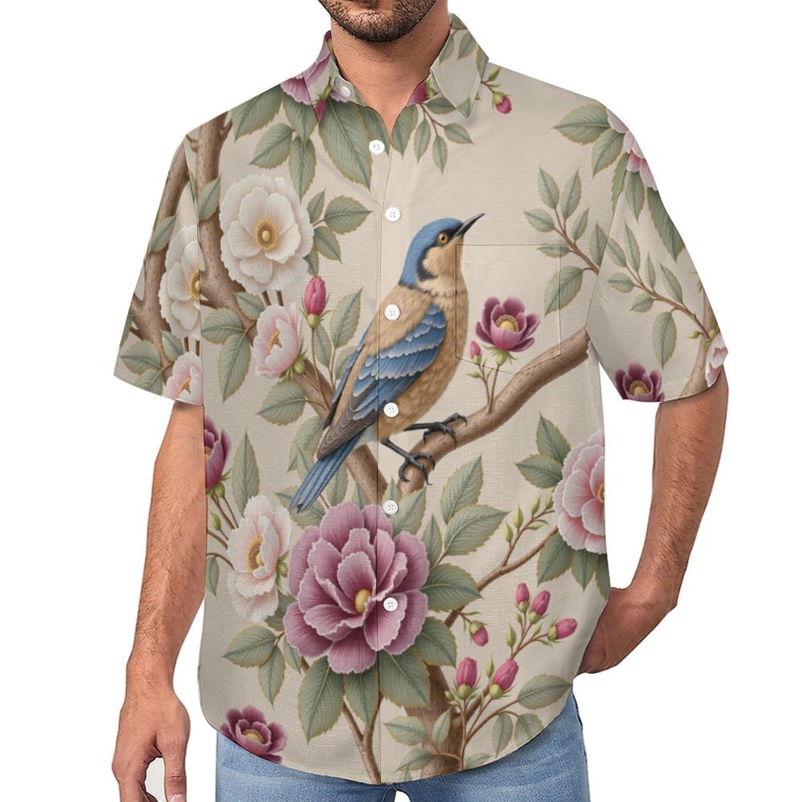Camicie da Uomo a Maniche Corte con Stampa della Fiori Uccelli Rami D'Albero Stile Cinese, Casual Leggere Bottoni Camicia con Tasca Frontale, per Vacanze Spiaggia Estate