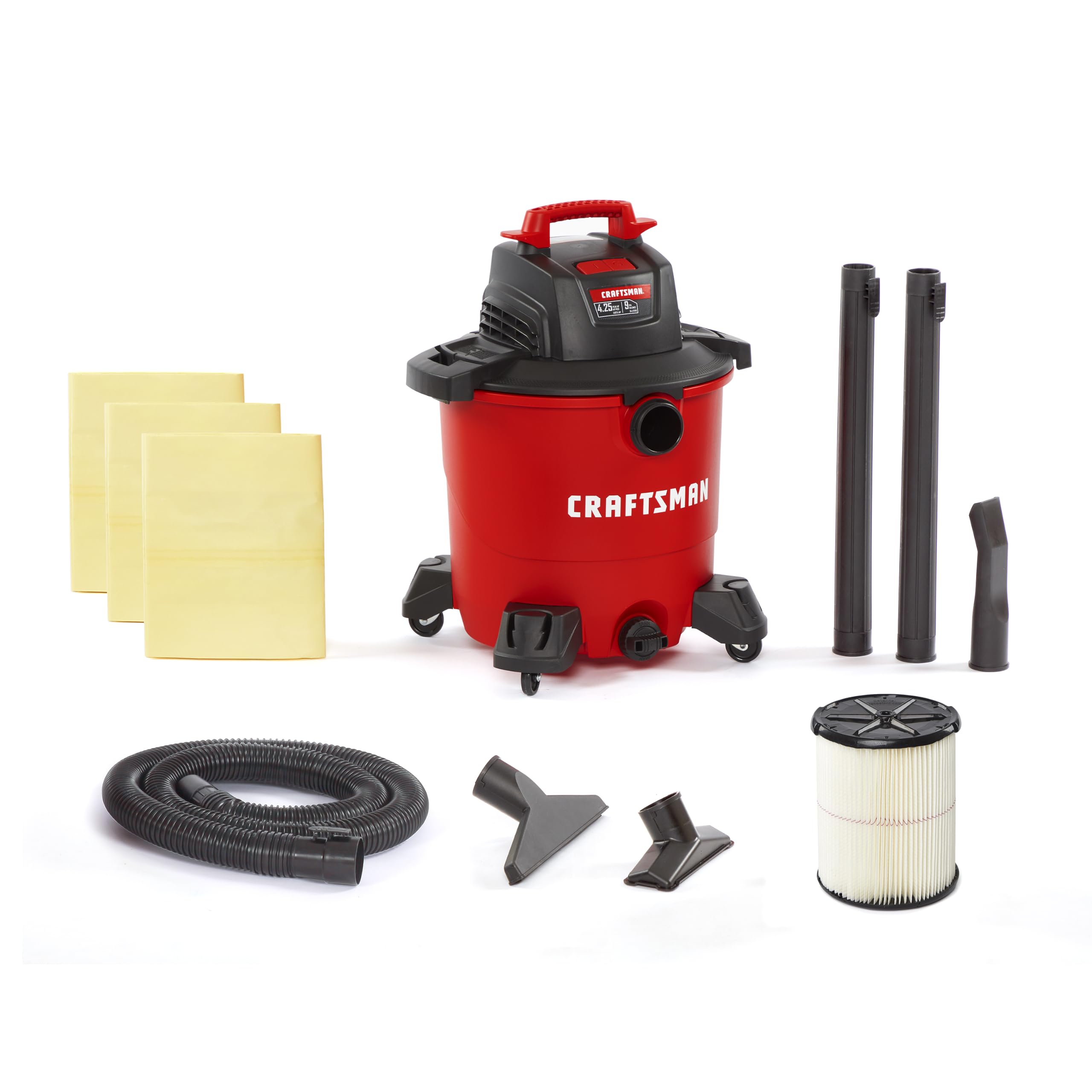 craftsman cmxevbe18590 9 gallon 4.25 peak hp wet dry vac, portable shop vacuum wet and dry with filter, 3 dust bags, hose and attachments for home, garage and automotive cleaning
