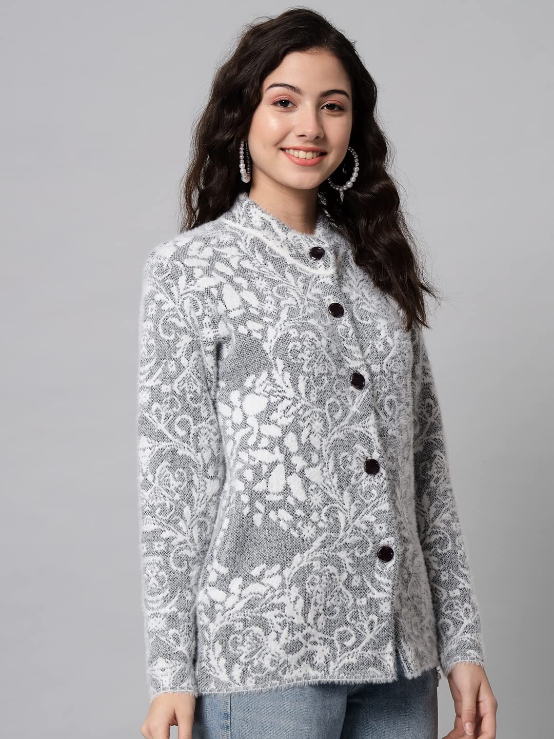eWools Women's Wool Round Neck Cardigan (L, Black) - Image 3 thumbnail