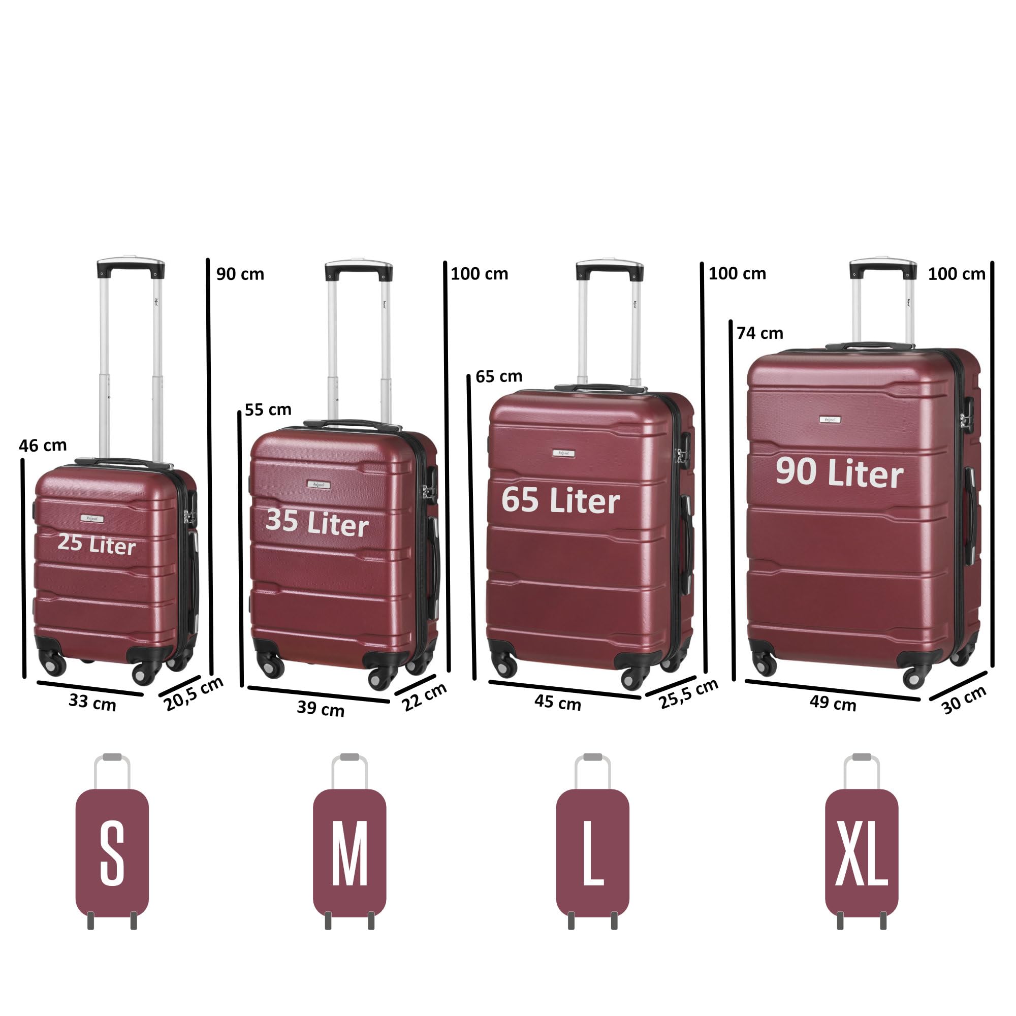 Zelsius Set de valises | Valise rigide en ABS avec serrure à combinaison, 4 roulettes et cloison intérieure | Valise à main, valise rigide - Lot de 4 pièces - Trolley, grande valise, rouge, S, M, L,