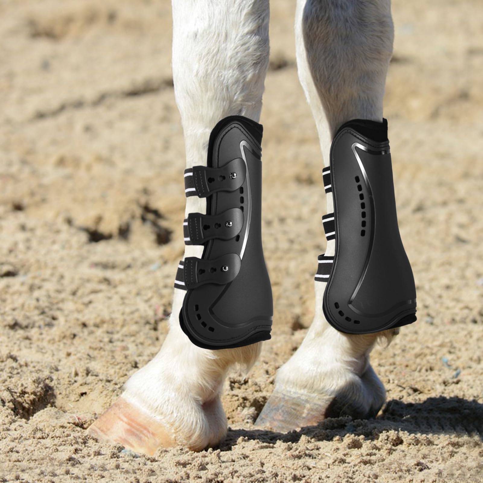 Protectores Caballo, Botas de Pierna de Caballo Polainas Gorras para Pies Frente de Caballo Protector elástico Botas Pony protección de Pierna con absorción de Impactos, L, Negro