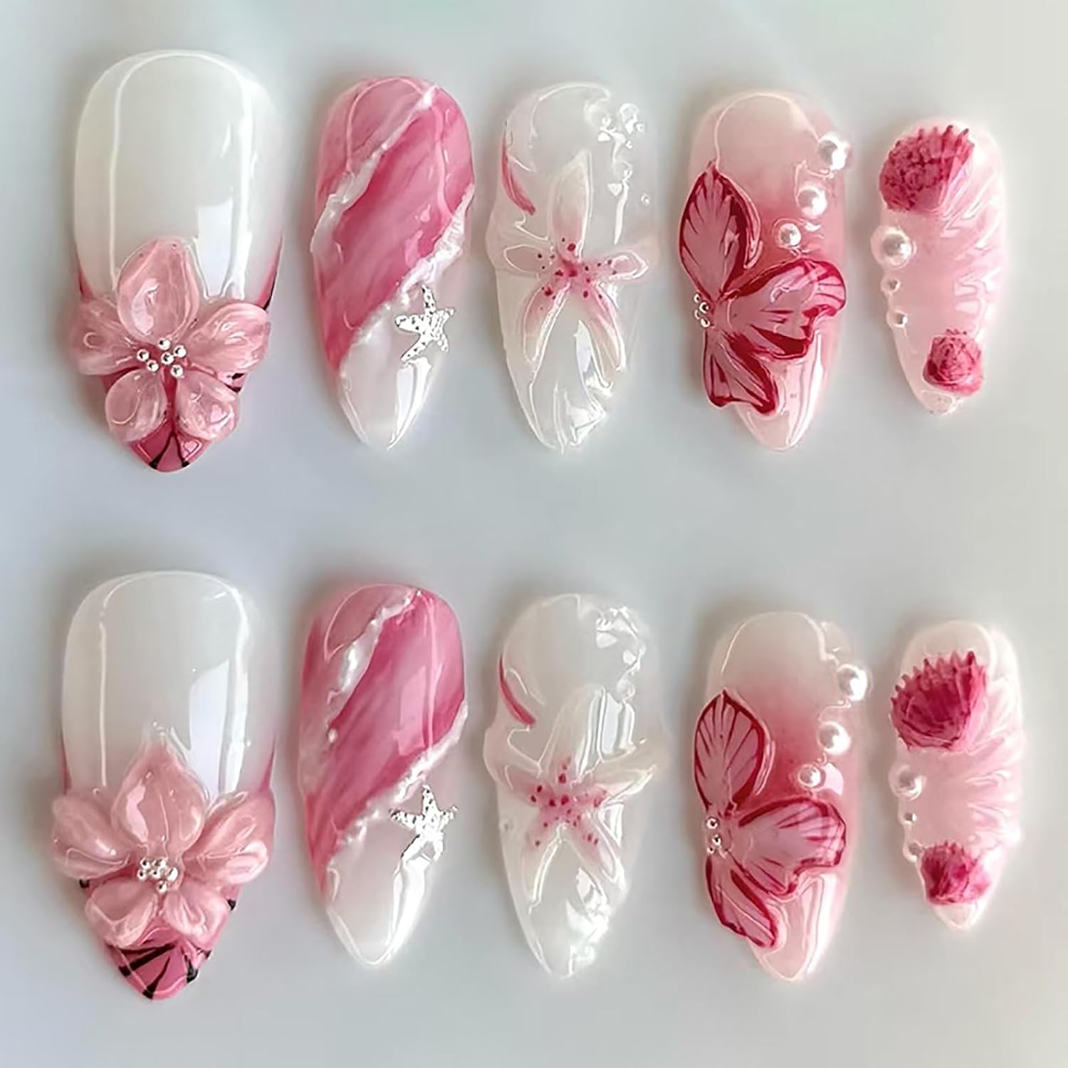 Spring Pink Flower Press on Nails - Medium Length with Pearl Design