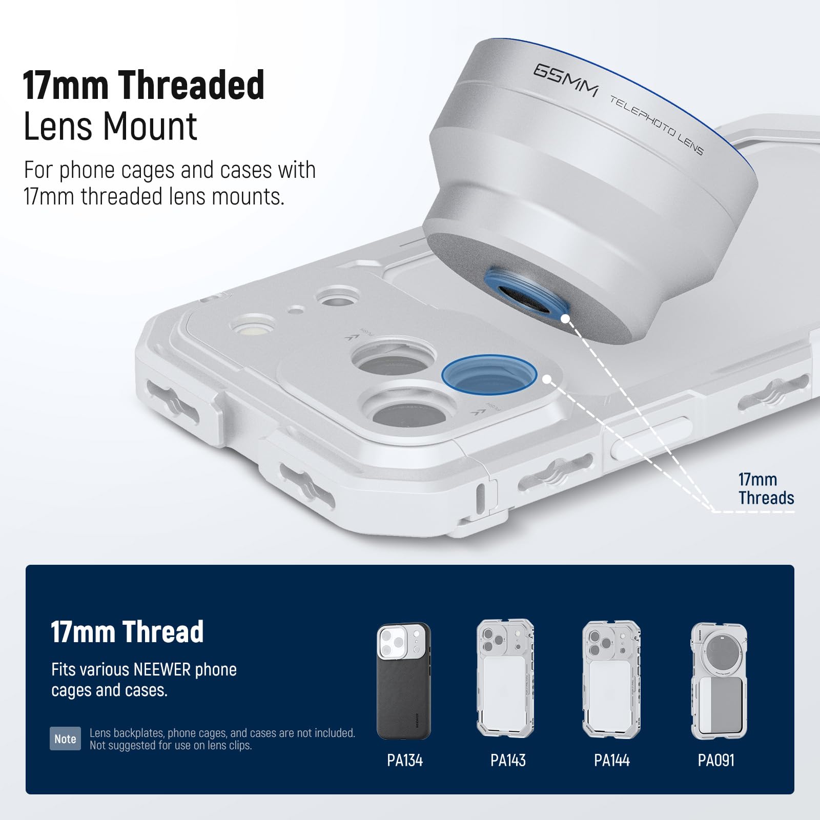 NEEWER 65mm HD Obiektywy Telefoniczne Kamera Mobilna z Parasolem (Srebrny), 1,7X Obiektywy Zoom Akcesoria do 17 mm Gwint Tylna Płyta, Komórka Klatka & Etui Kompatybilne z iPhone i Android, LS-66