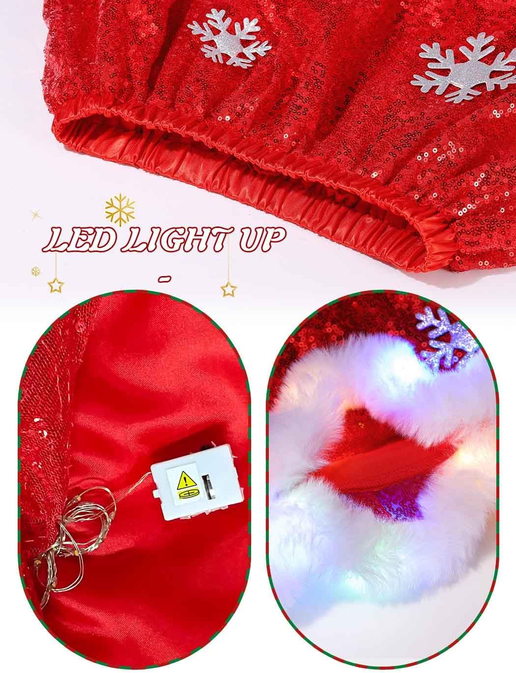 REETAN Light up Christmas Sequins Skirt with Snowflake LED Xmas Sparkly Christmas Skirt for Women Red