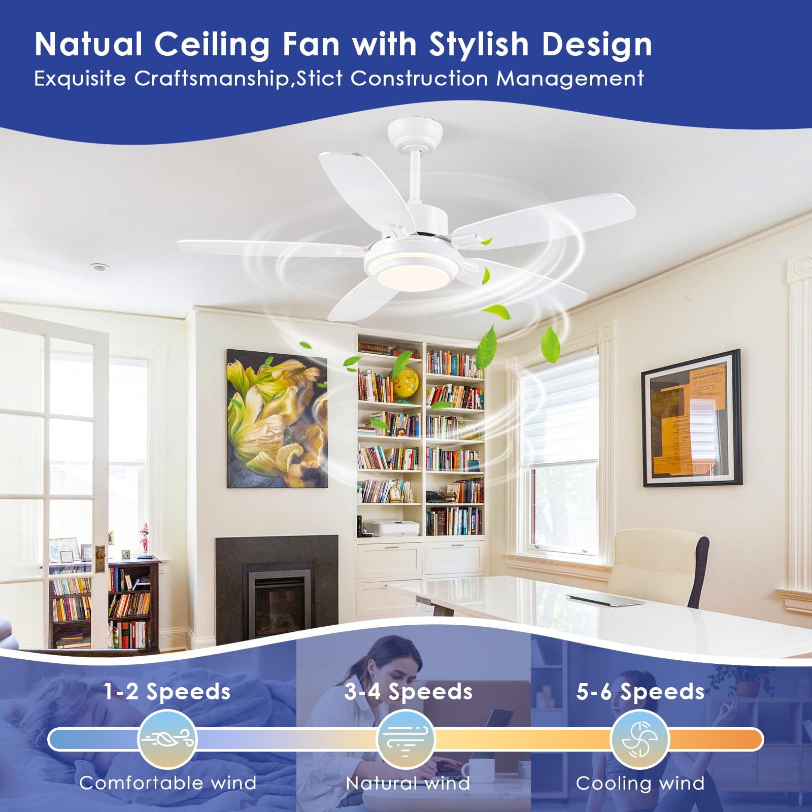 Dextrus 52" Modern Ceiling Fan With LED Light & Dimmable Remote, Reversible DC Motor, Walnut - View #7