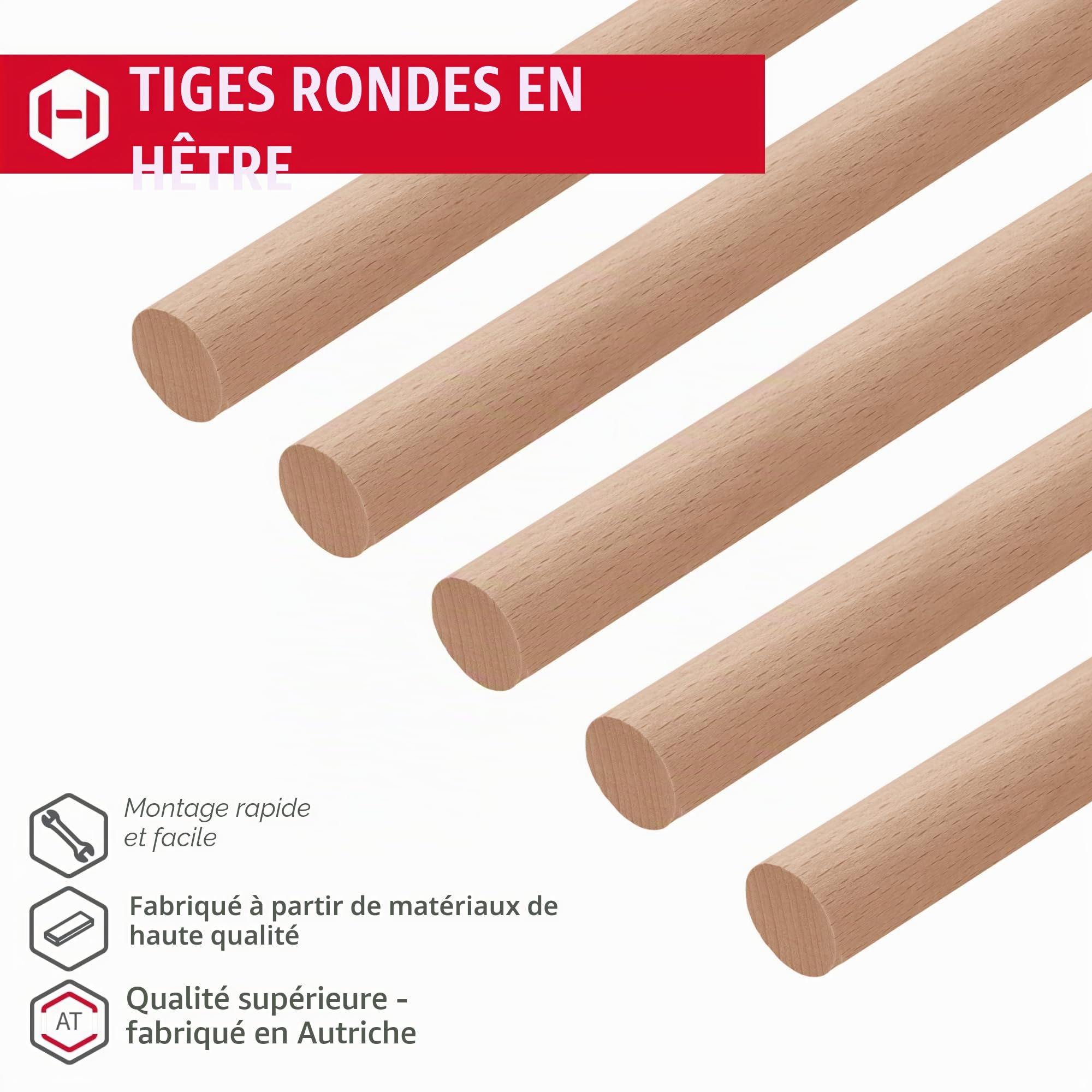 Gedotec Tige ronde en hetre lisse | tiges en bois | batons de bricolage 25 x 2000 mm | lot de 5 | tiges en hetre a bricoler | tige en bois massif | batonnets
