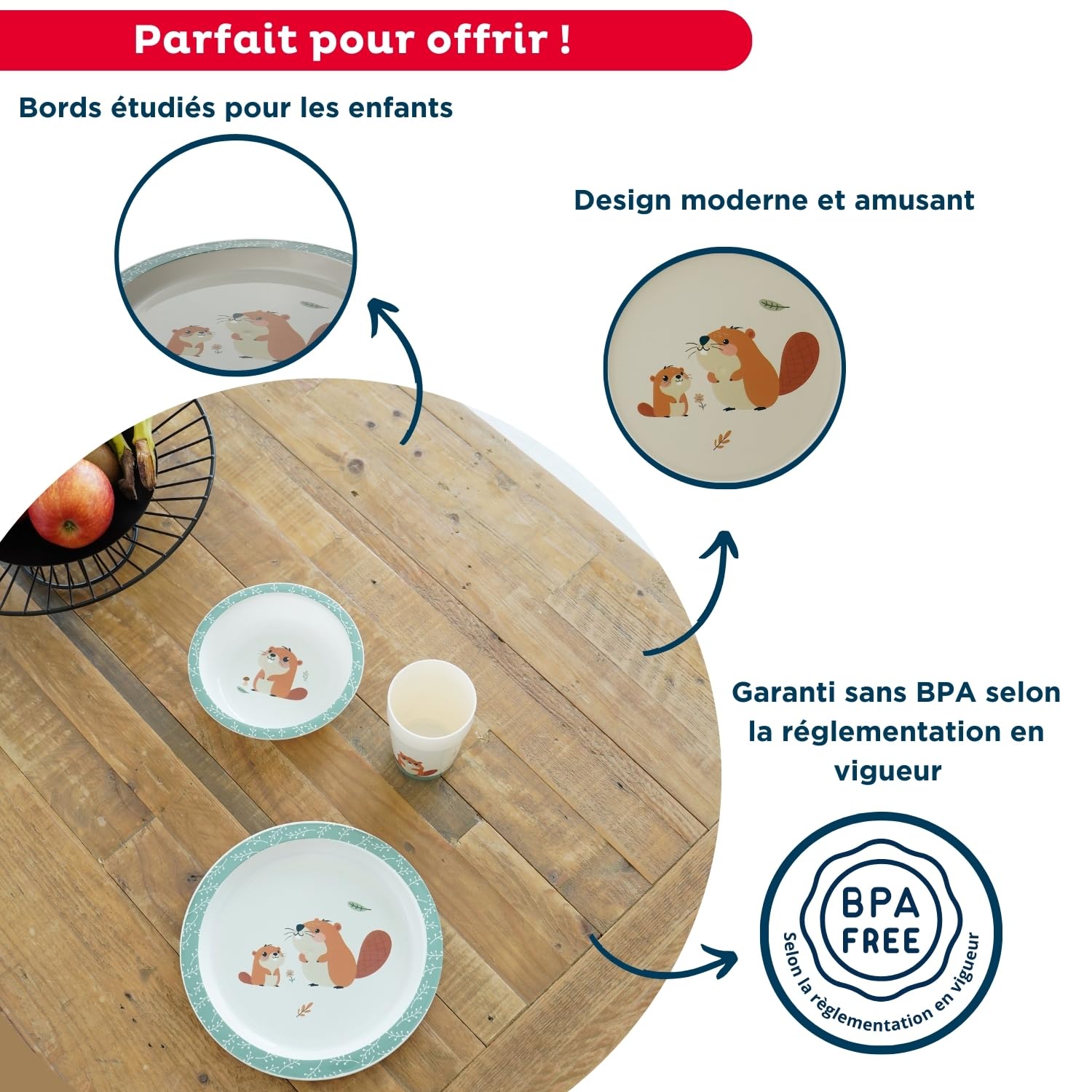 THERMOBABY - Coffret Repas Castor - Ensemble Repas pour Enfant avec Assiette, Gobelet et bol - Idéal à offrir - Pratique et Design - Passe au Micro-Ondes - Coffrets Repas Pour Enfant sans BPA