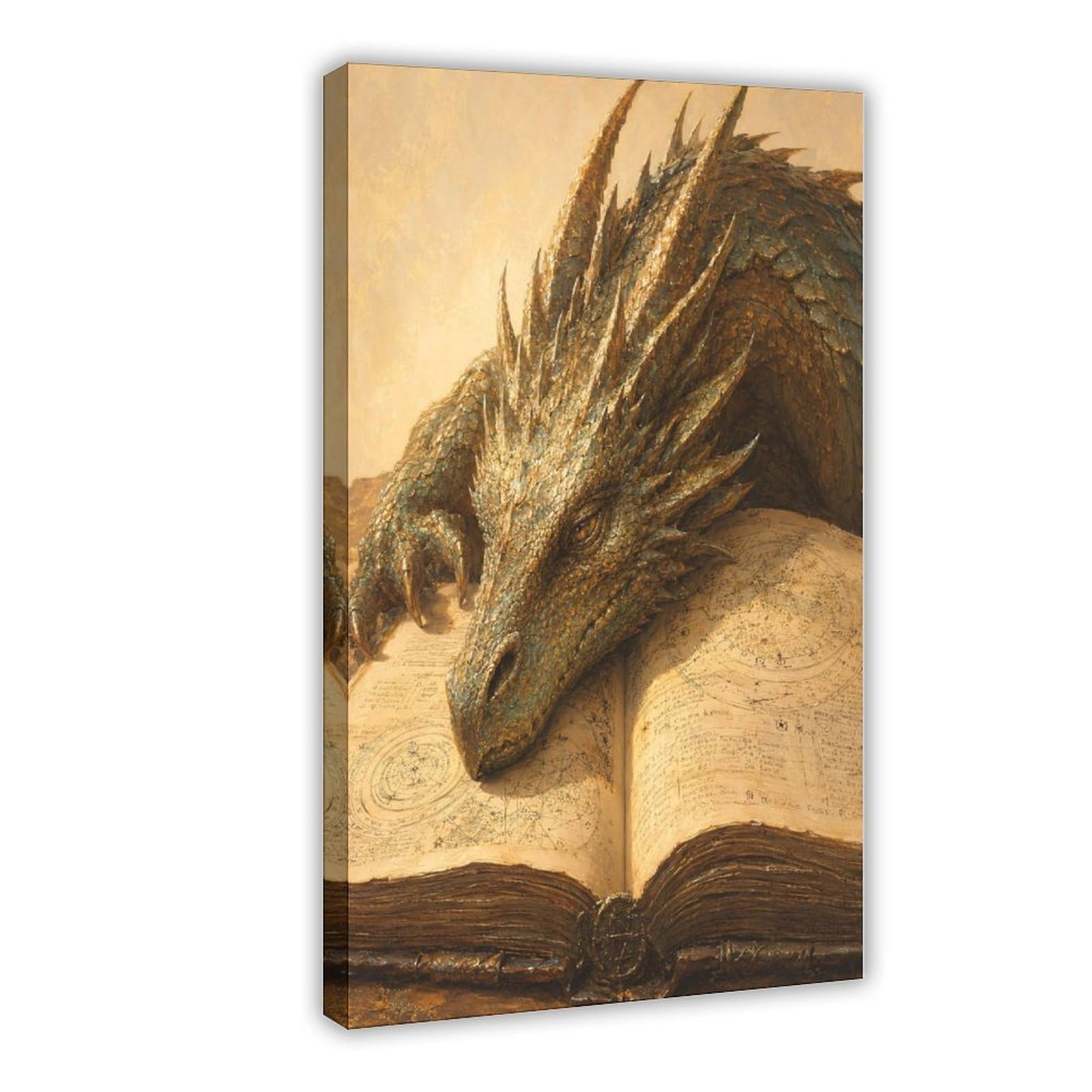 W7c8u2x3 Frame-Style-21 Golden Dragon Sleeping On Book Canvas Wall Art, Surrealist Bedside