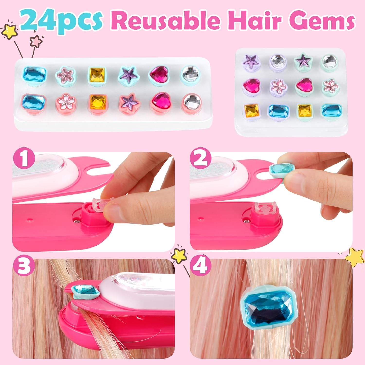 AOSITE Kit Timbri Per Capelli Glitterati Per Bambine – 400 Pezzi, Forme Varie, Elastici, Pettine E Specchio, Riutilizzabile, 6-12 Anni