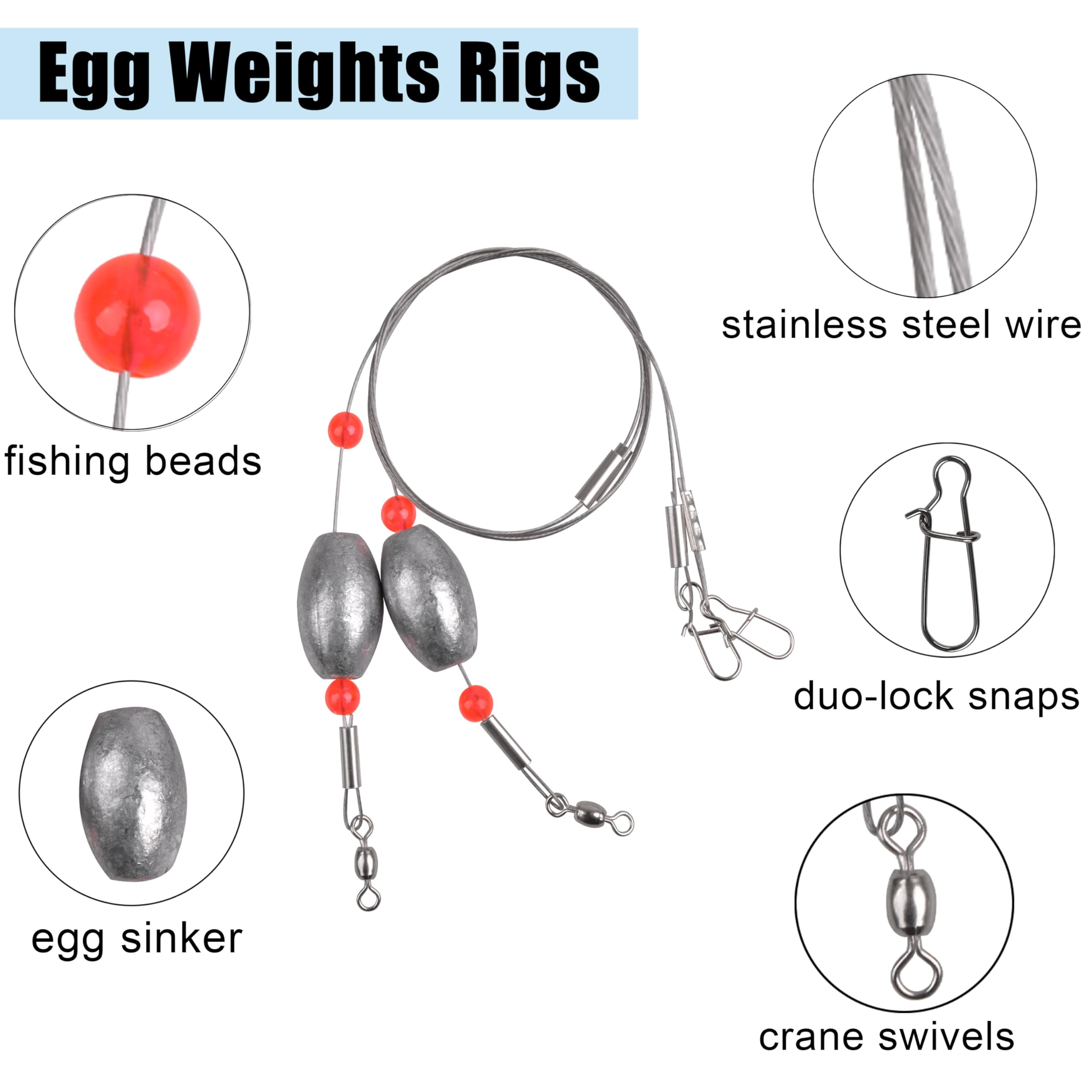 FUSIGO Egg Fishing Sinker Weight Rigs, 6pcs Flounder Rig Saltwater Bottom Rigs Stainless Steel Wire Leader with Egg Sinker Catfish Carolina Rigs Fishing Ready Rigs for Trout Drum Redfish Fishing 1OZ