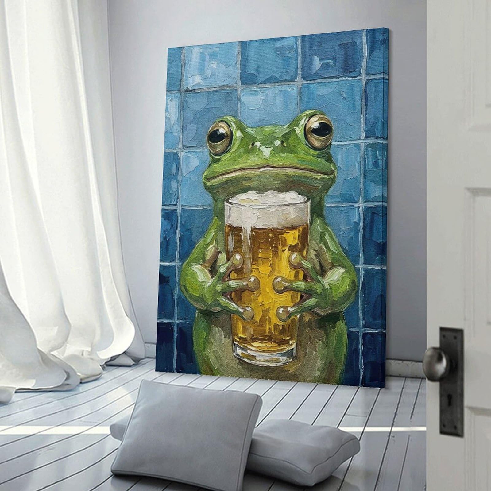Junmoney Frog Holding Beer Glass Painting Wall Decor Canvas Print 20x30inch(50x75cm), for Lounge, Study, Hallway Or Flat Walls, Decorative Artwork with Broad Appeal