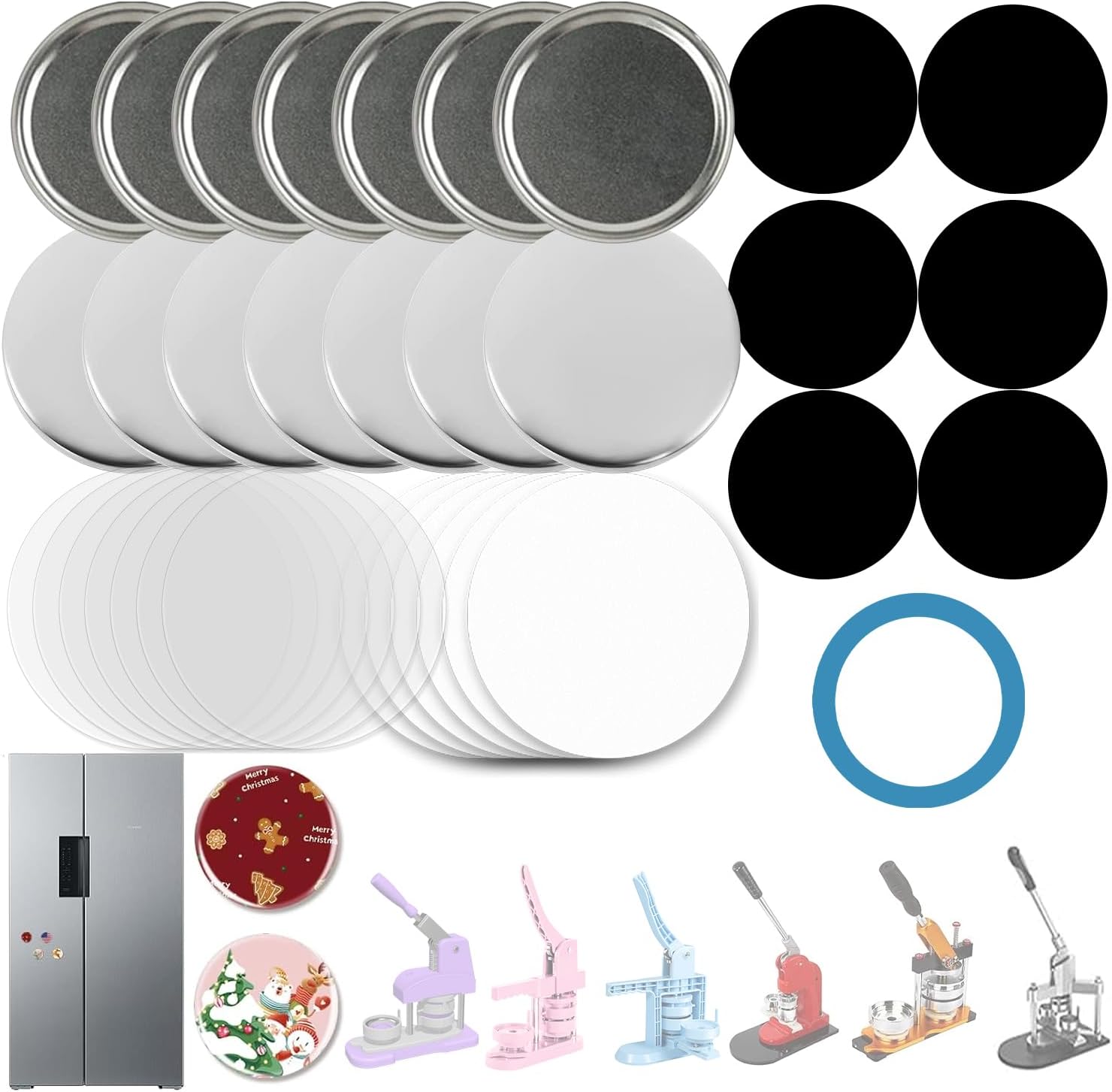 100 Sets Button Parts for Fridge Magnet Button Maker Machine，58mm/2.25in Button Maker Supplies，Including Metal Cover, Metal Back Cover, Clear Film, Blank Paper, Soft Magnet and Gasket