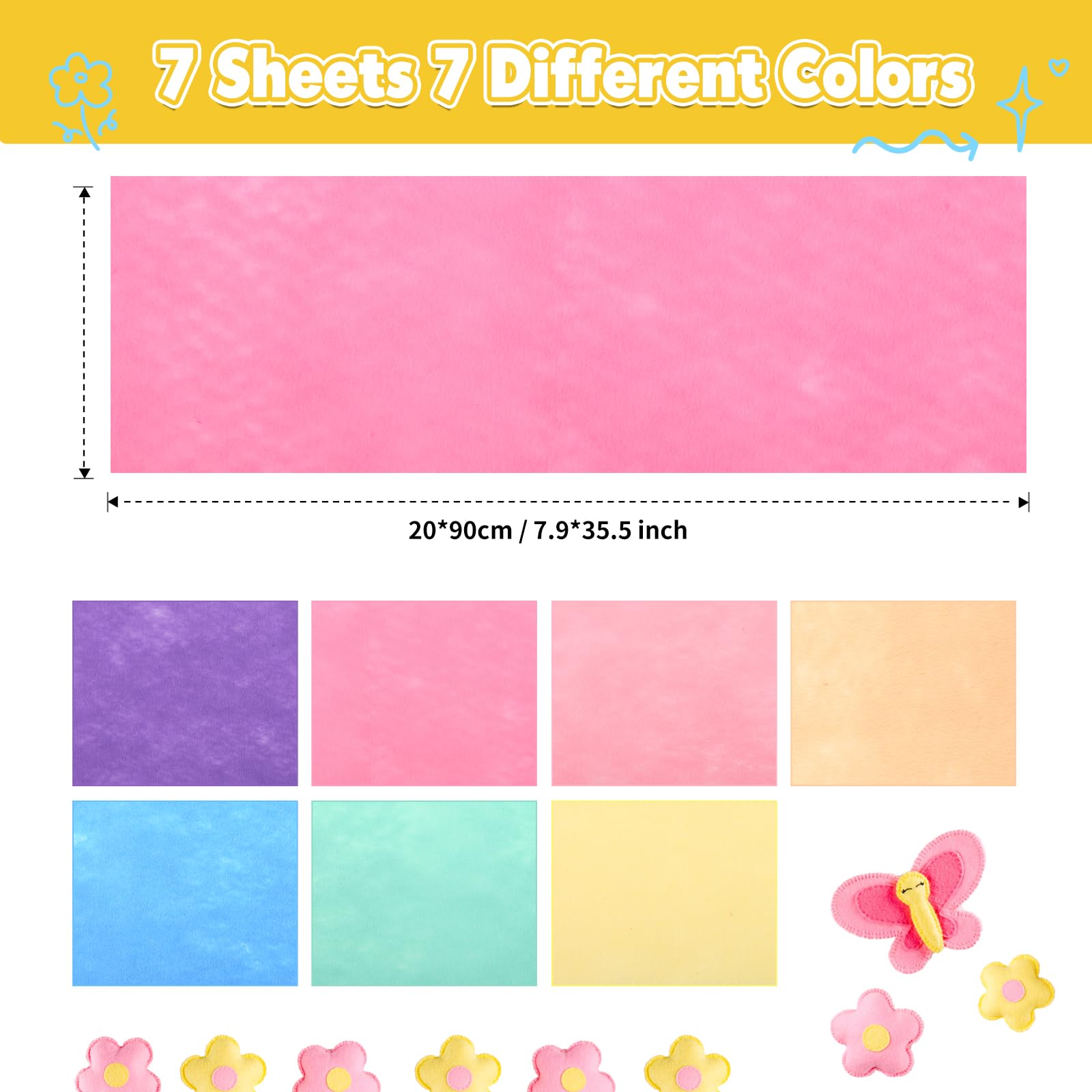 Naler 7pcs Coloured Felt Fabric Rolls Bundle, 20x90cm Assorted Macaron Colors Series Non-Woven Fabric Sheets 1mm Thick for Fabrics DIY Craftwork Sewing Patchwork