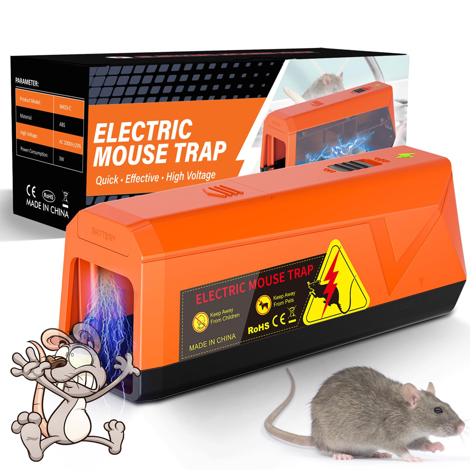 Trampas Eléctrica para Ratones a Pilas, Voltaje Potente de 2000V para Matar Ratas al Instante, Adecuada para Cocina, Almacén, Ático, Eficaz para Ratones Pequeños (Naranja)