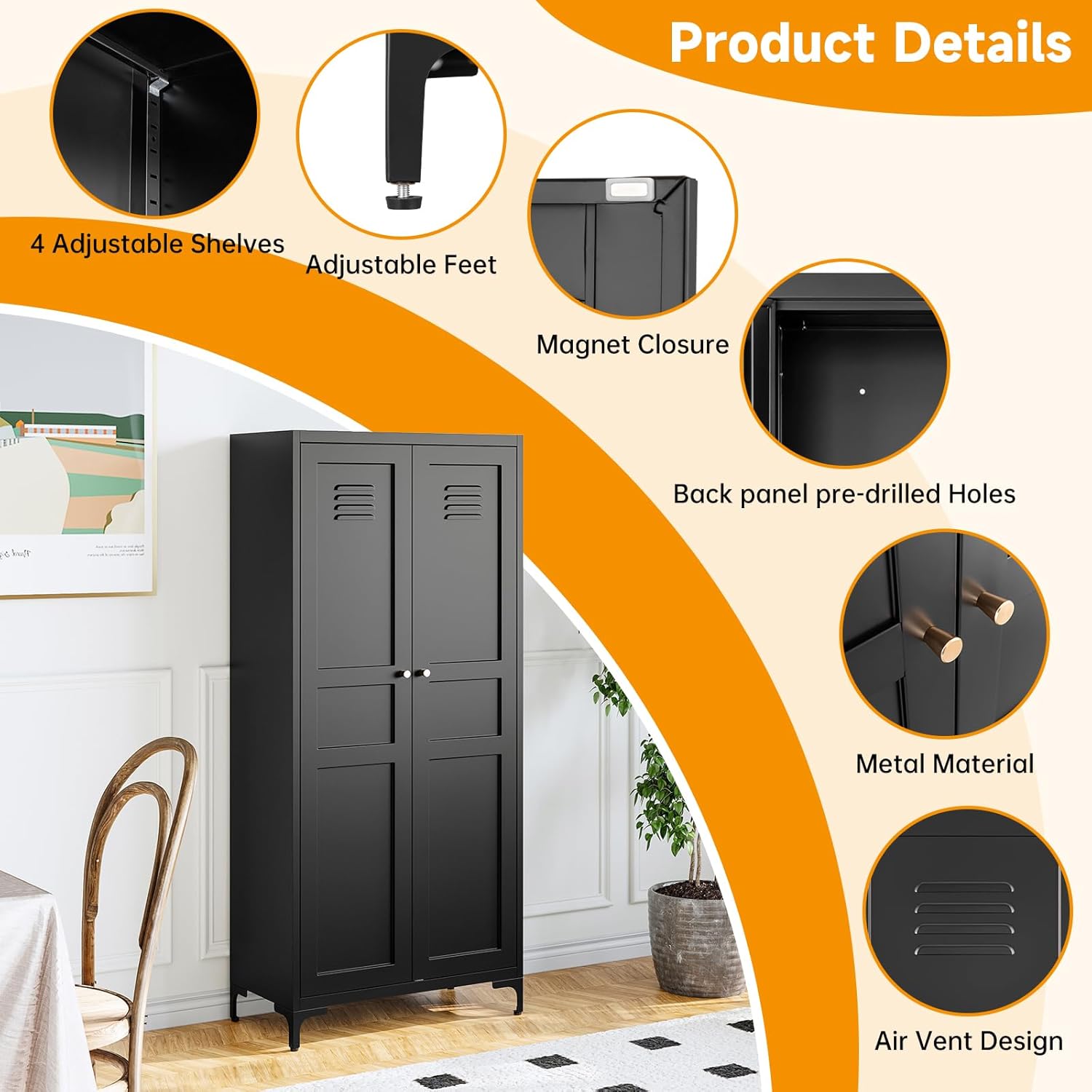 STANI 61" Tall Kitchen Pantry Storage Cabinets Metal Storage Despensa Food Pantry Cabinet with Doors Adjustable Shelves Freestanding Tall Cupboard for Kitchen Laundry Living Room