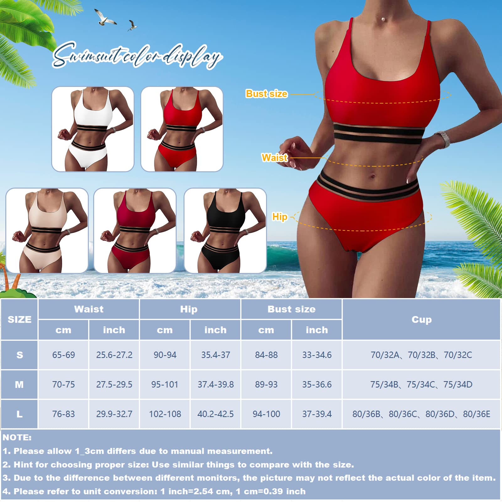 TOMEEK Damski zestaw bikini z siateczką, dwuczęściowy kostium kąpielowy, push up, wyściełany, High Cut Sport moda kąpielowa, wysoka talia, bikini dla kobiet