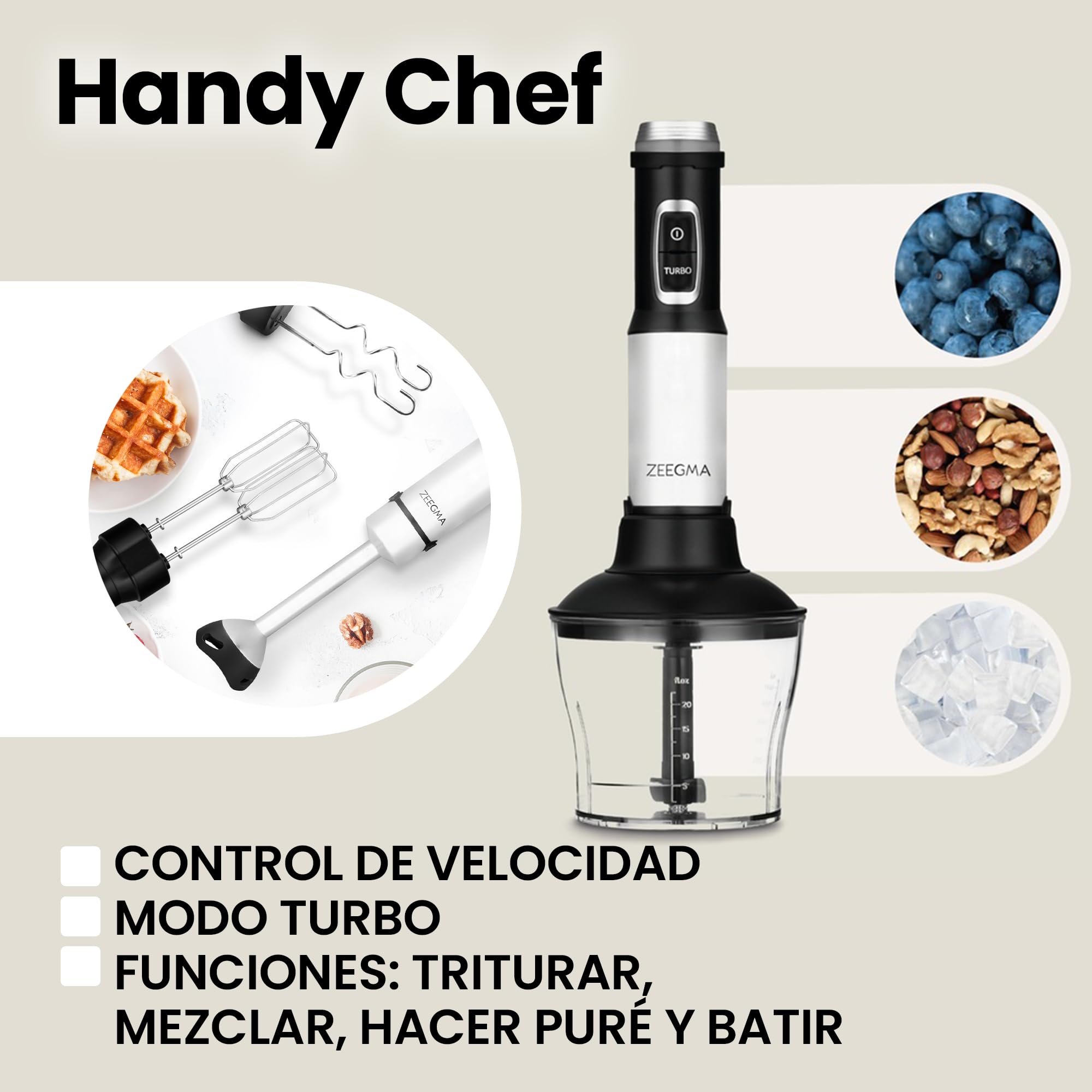 ZEEGMA Batidora de mano Handy Chef 5 en 1 multifuncional de 1500 W, juego de boquillas: batidora, gancho para mezclar, procesador de alimentos de 0,6 l, recipiente de 0,8 l, modo turbo