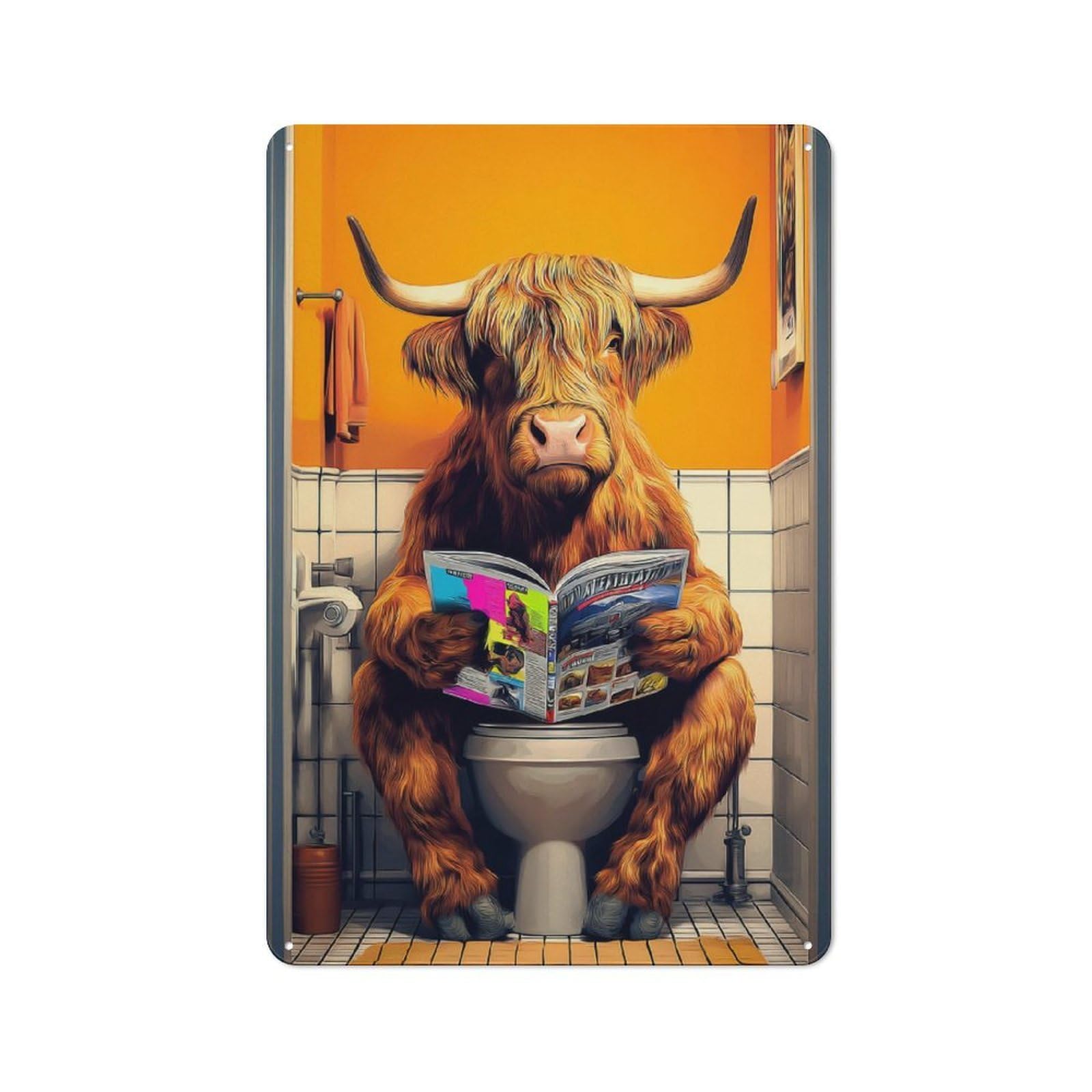 Junmoney Highland Cow Reading Magazine On Toilet Industrial Decorative Metal Plaque 30X20cm Featuring Urban Room Decor For Flat, Bar, Studio Or Gallery Wall