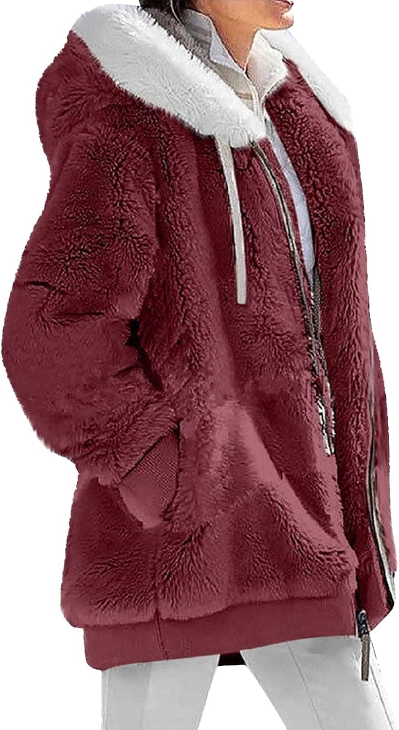 Fuzzy Fleece Jacket for Women Plus Size Warm Winter Coats Fluffy Sherpa Hoodie Zip up Loose Casual Cardigan Outerwear