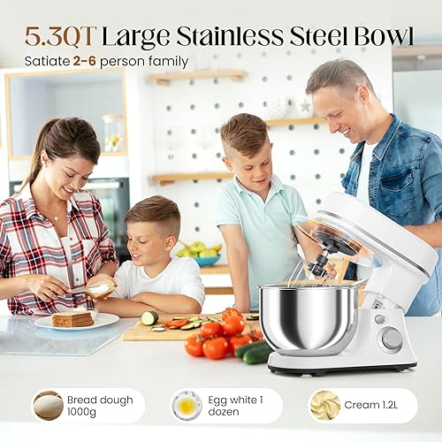 Miniatura 3 de Batidora de pie de 800W con tazón de 5.3QT, 6 velocidades con pulso, batidora eléctrica de cocina, batidora de alimentos con gancho para masa,