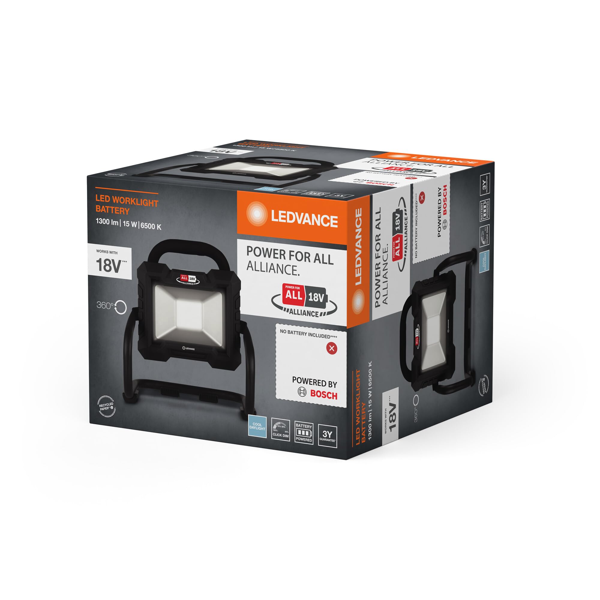 LEDVANCE Arbeitsleuchte mit schwenkbarem Kopf, batteriebetrieben, kompatibel mit Power for all Alliance, 3-stufig dimmbar, 15 W, 1300 lm, 6500 K, 840 kaltes Tageslicht, schwarzes Aluminium, IP20