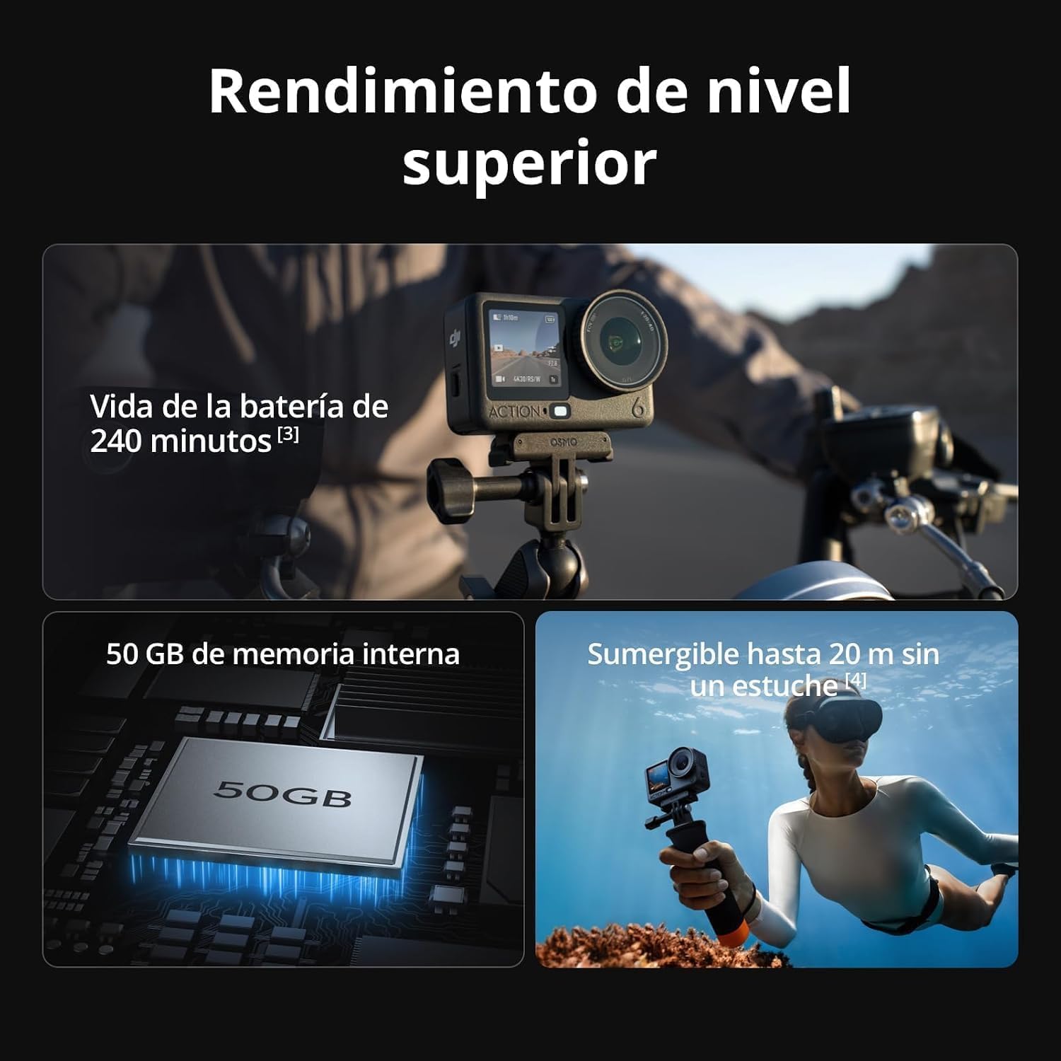 DJI Osmo Action 6 Cámara de Acción 4K HDR, Pantalla Dual, Impermeable 16m, Estabilización Rocksteady, Ideal para Surf, Ciclismo, Senderismo, Viajes, Deportes Extremos y Grabación Vlogs al Aire Libre
