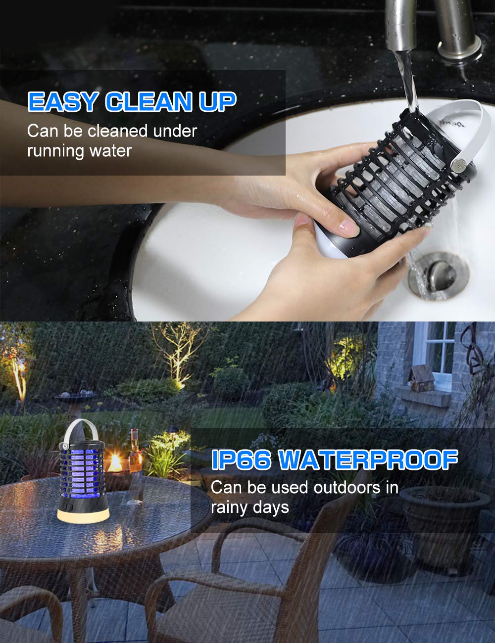ZOTO Insetticida elettrico 3 in 1, 3 modalità di illuminazione, lampada antizanzare con luce SOS IP67, impermeabile, 2200 mAh, batteria incorporata, lampada da campeggio per interni ed esterni gancio