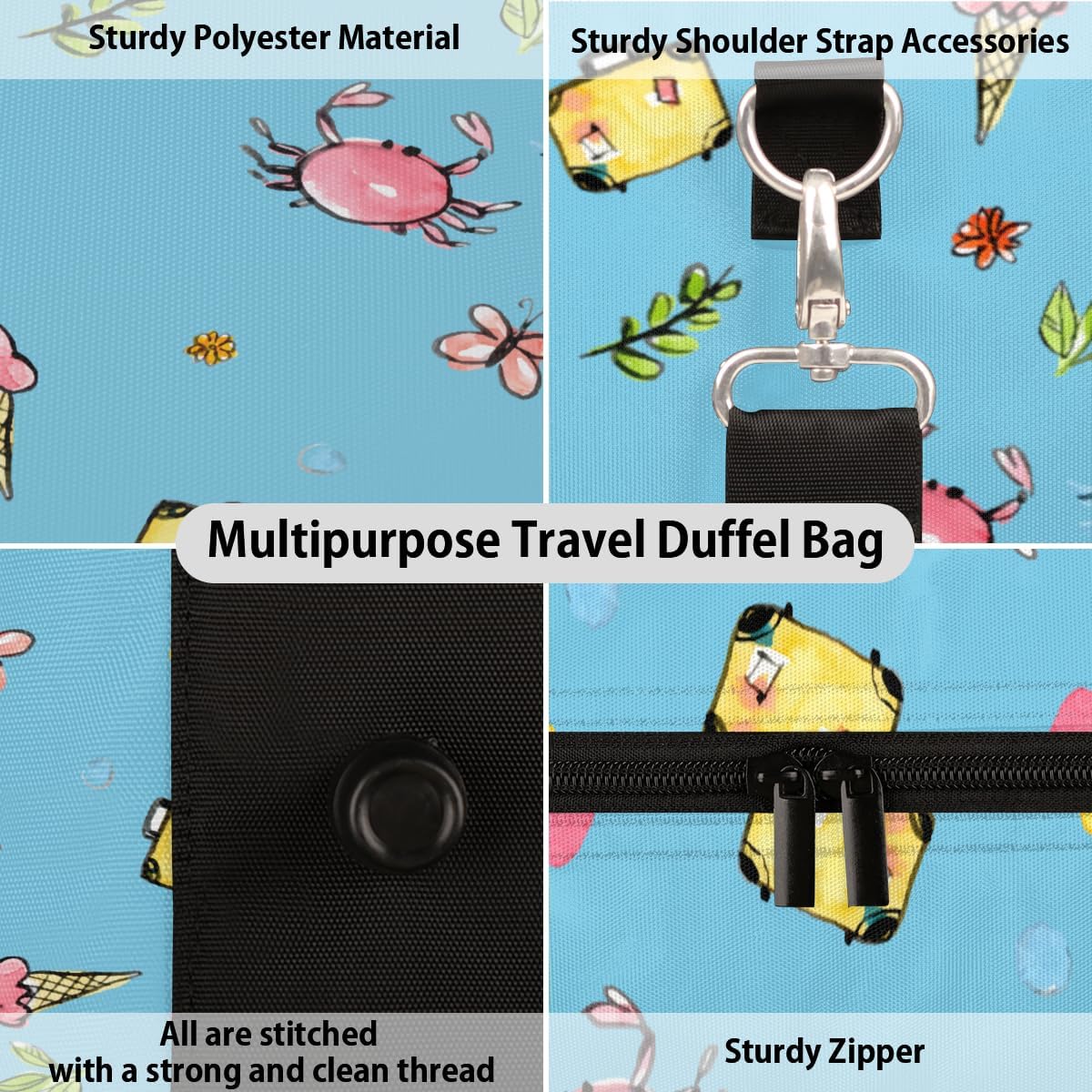 Cartoon Summer Beach Travel Duffel Bag for Women Men Large Capacity Overnight Weekender Bags for Lightweight Waterproof Sport Gym Bag for Workout Yoga Swim