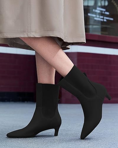 Miniatura 2 de Coutgo Botas Chelsea para mujer, tacón bajo de gatito, a media pantorrilla, gamuza puntiaguda, elásticas, para otoño, botines elegantes