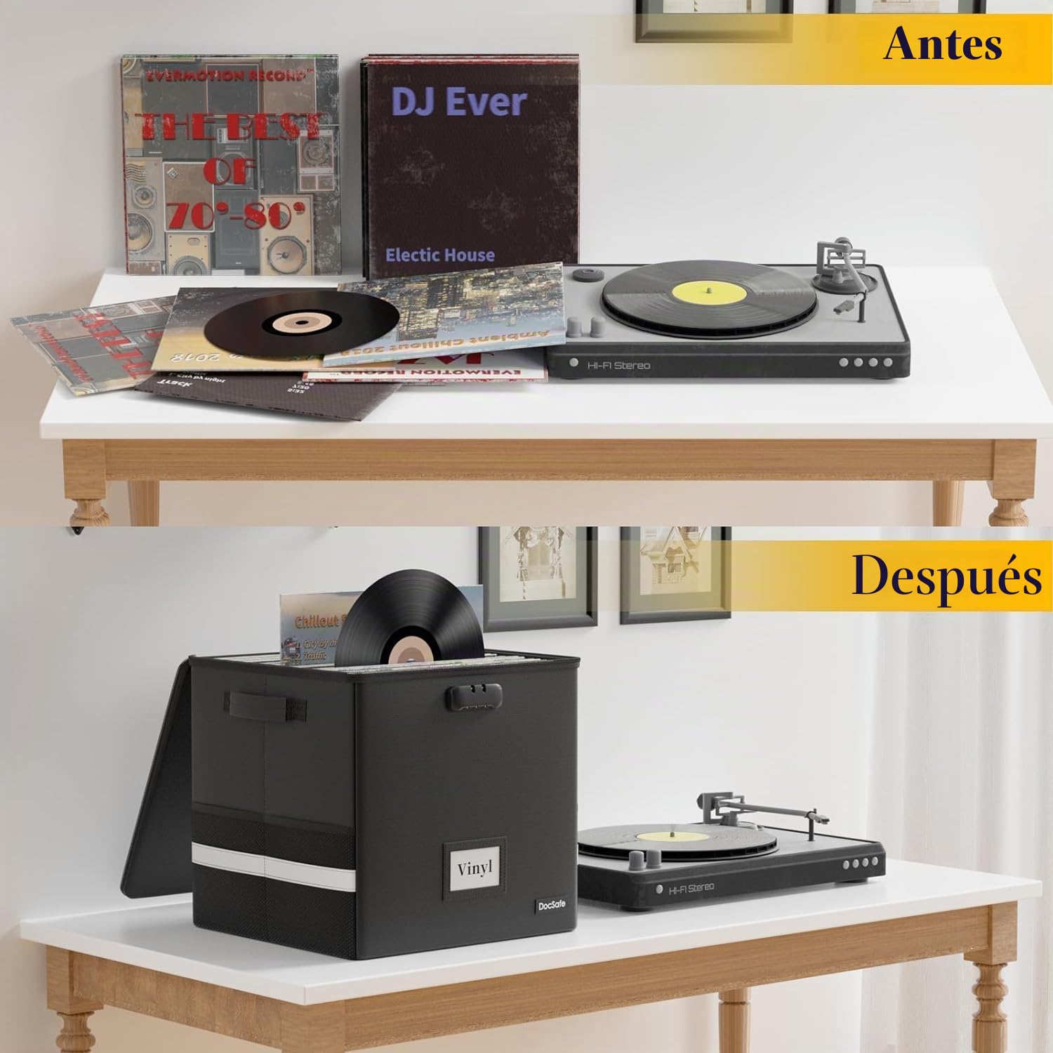 DocSafe Caja de almacenamiento de discos de vinilo con cerradura, caja de almacenamiento de vinilo ignífuga e impermeable para discos de 12 pulgadas, Black, 33x33x33cm, Moderno