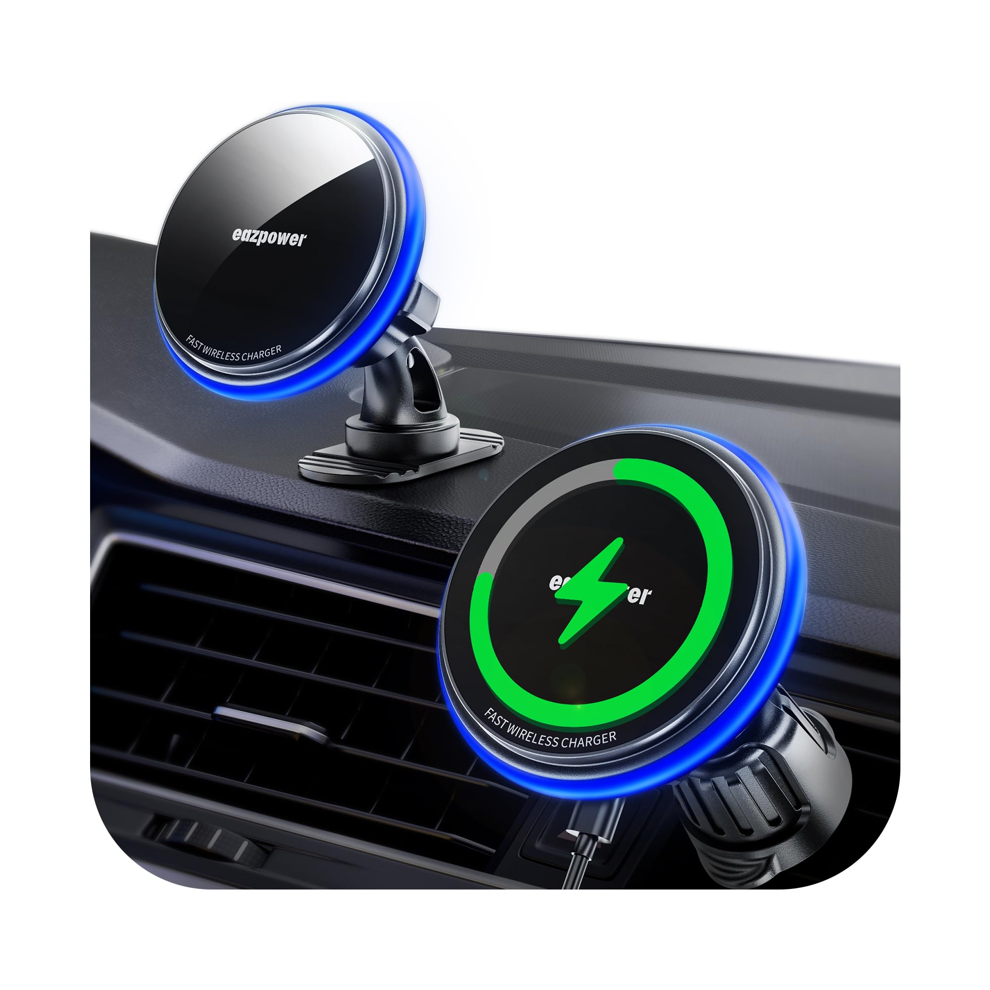 eazpower Magsafe 車載ホルダー 充電 マグセーフ車載充電器 スマホホルダー 車 ワイヤレス充電 車 スマホスタンド 充電 15W 急速充電 エアコンルーバー/ダッシュボード式 360度回転 カー用品 iPhone 17/16/15/14/13/12 シリーズ対応 取付簡単 日本語説明書
