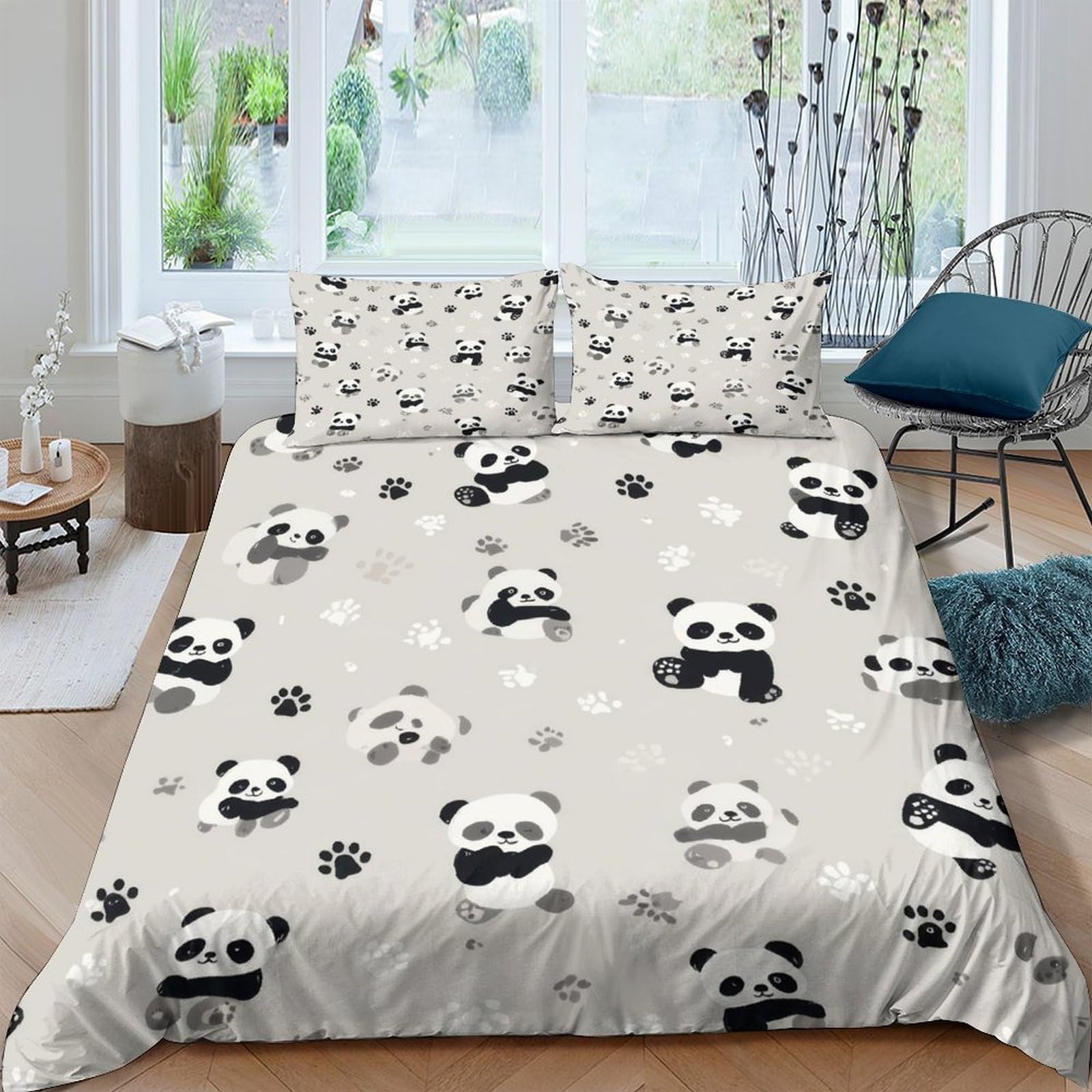 P5V6M1Q9 3D Printed Panda Cartoon Duvet Cover Microfiber Soft Breathable Paw Pattern Bedding Set with 2 Pillowcases for Bedroom Decor Single（135x200cm）