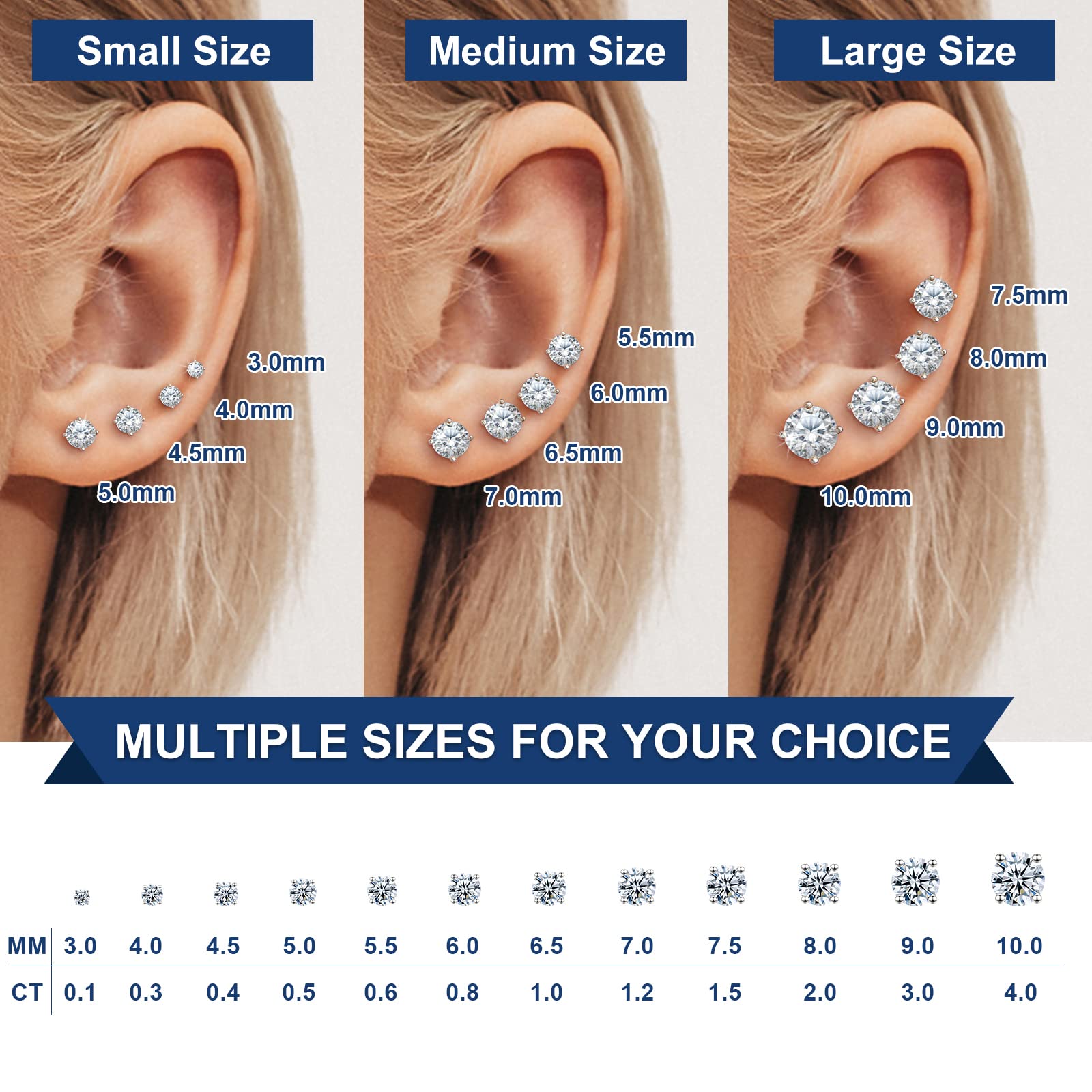 Pendientes de halo de moissanita de 0,2 a 4 quilates (3 a 8 mm), aretes de tuerca de moissanita de oro de 18 quilates sobre plata de ley 925 para mujeres y hombres, color D VVS1 redondo, aretes de