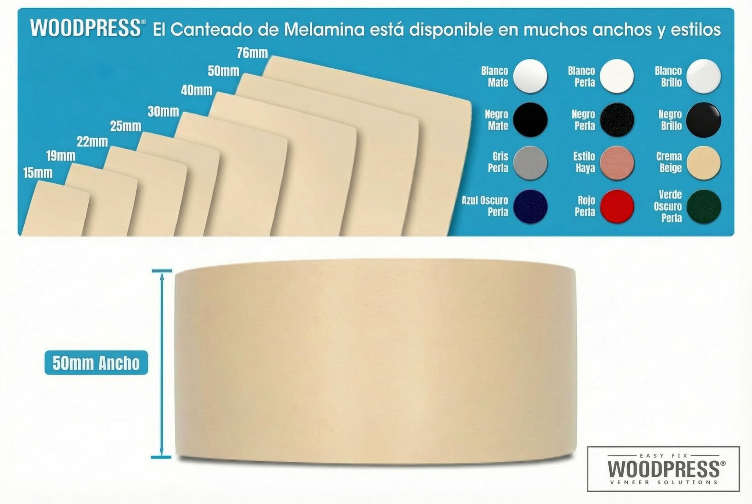 Cinta de melamina de 50 mm, color beige nacarado, cinta de chapa prepegada, rollo de 7,5 m, termoadhesiva para una fácil aplicación – cubrirá el borde de un panel de MDF estándar