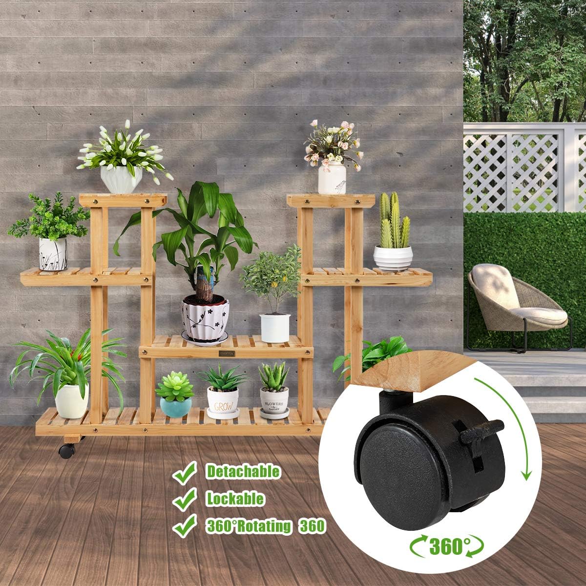 Giantex Rolling Flower Rack Wood Plant Stand on Wheels 6 Wood Shelves 12 Pots Bonsai Display Shelf Indoor Outdoor Yard Garden Patio Balcony Living Room Storage Rack Bookshelf Hollow Shelves (Natural)