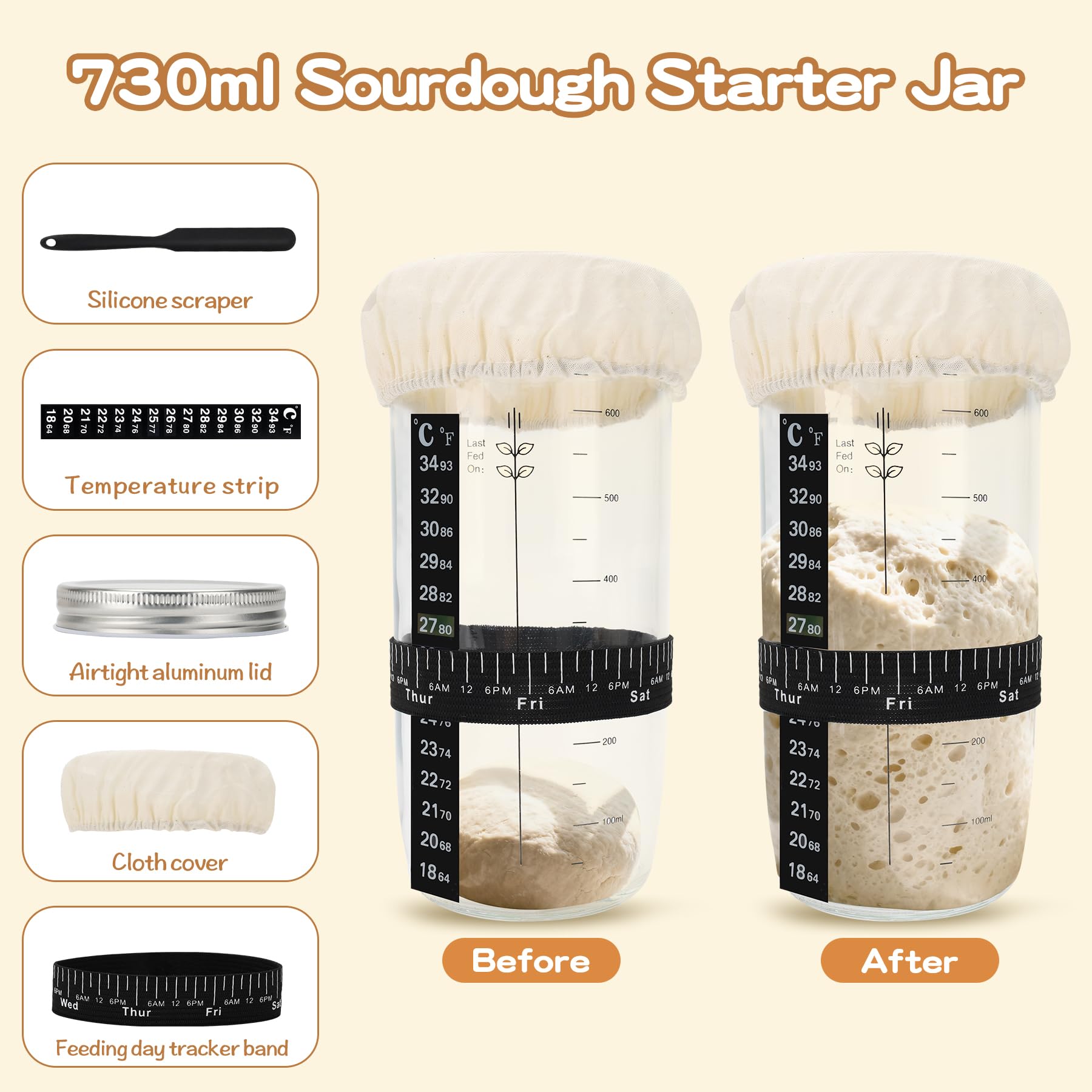 Kit de démarrage de 21 pièces pour paniers de fermentation du pain, panier banneton rond de 25,4 cm et ovale de 30,5 cm en corde de coton avec kit de bocal de levain, doublures et couvercles, outils