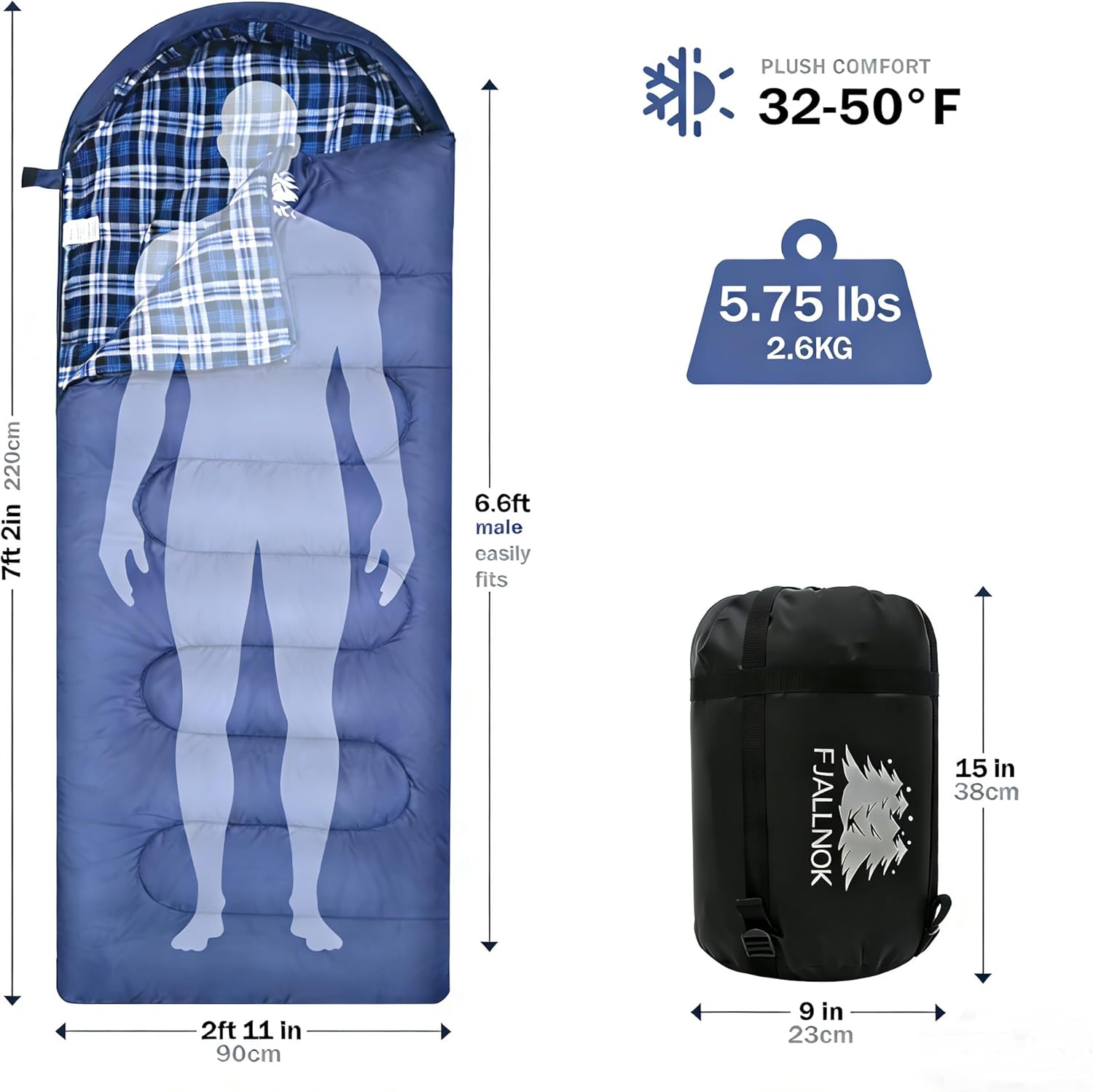 100% Cotton Flannel Sleeping Bag for Adults, Big&Tall Size Backpacking Lightweight Waterproof for Girls Boys Mens Teen for Camping Hiking Outdoor Travel with Compression Bags