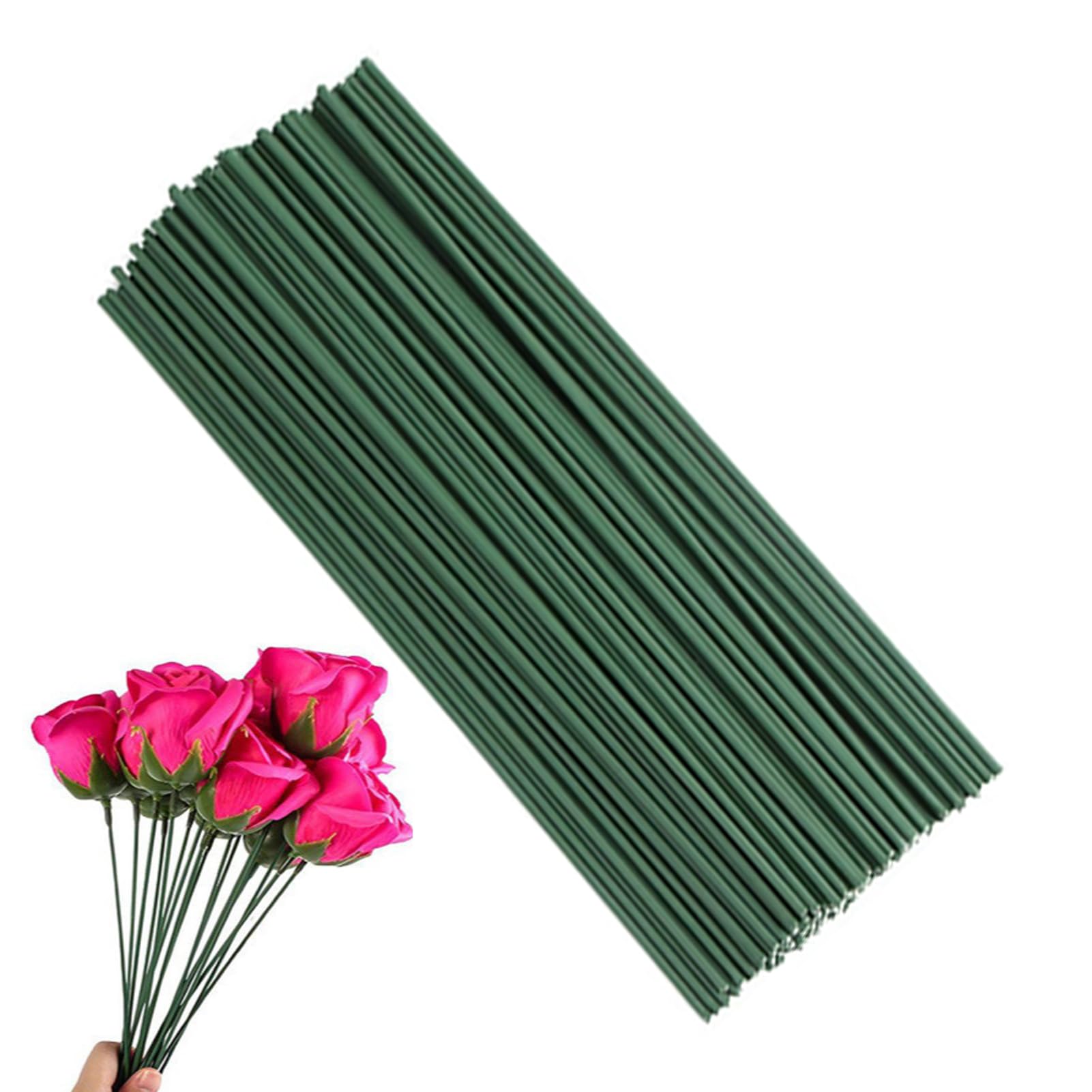 Winhuey 100 Pcs Plastic Flower Stems, 20cm/7.87in Artificial Floral Rod Flower Stem Plastic Floral Stem, Floral Rod Floral Wire Stick for DIY Craft Bouquet Making (Dark Green)