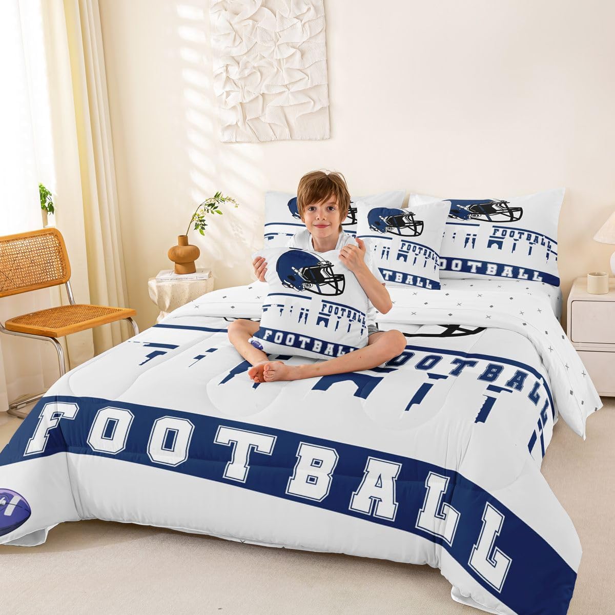 Erosebridal Football 7 Pcs Comforter Set Queen Football Fans Bedding for Men Football City Sheet Set Bed in A Bag Blue Rugby Competition Room Decor Sports Ball Game Quilt