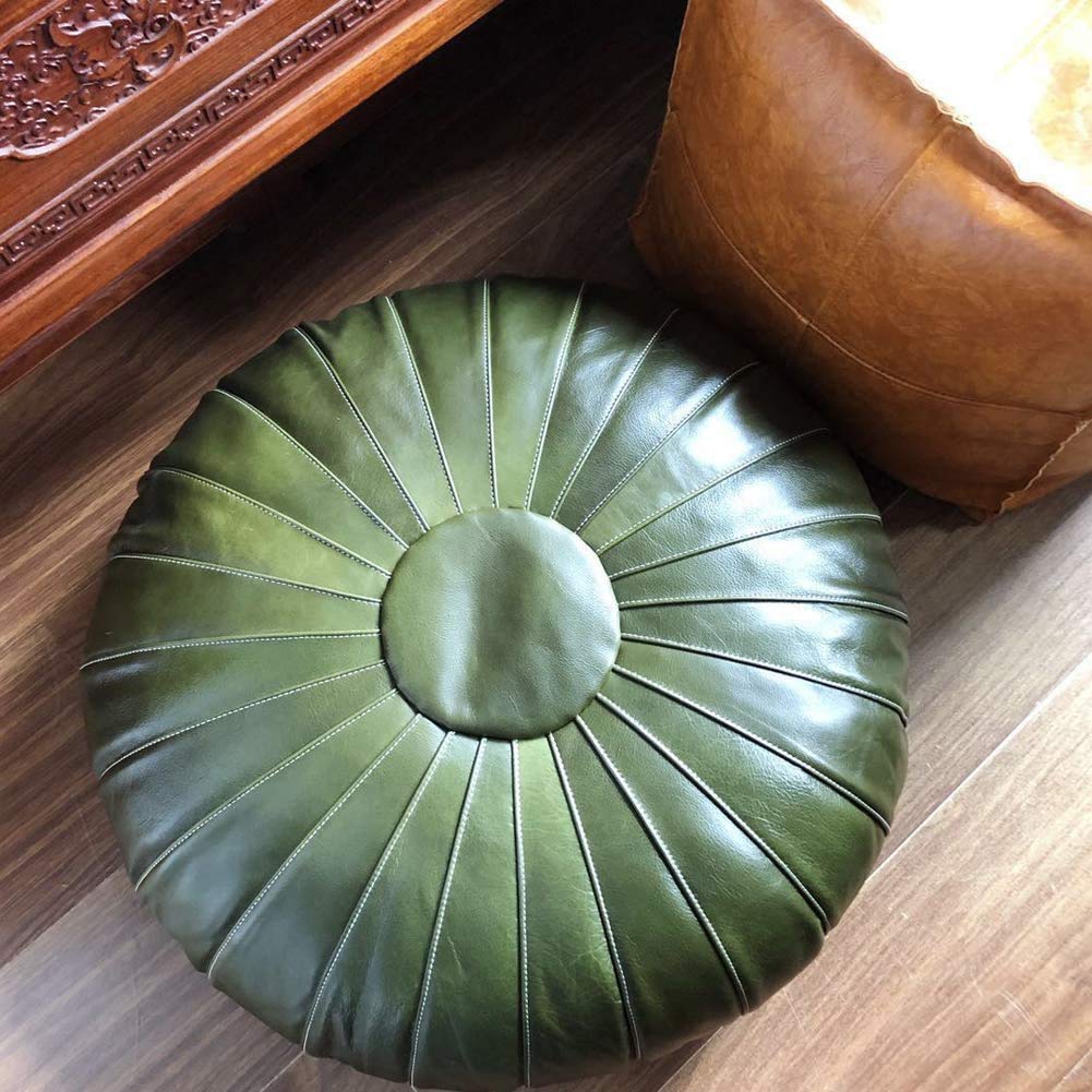 Footstool Round Ottoman Pouf,Moroccan Genuine Cowhide Leather Large Poffes Coffee Table Cushion Handmade Bohemian Living Room Decor (Dark Green 70x26cm(28x10inch))