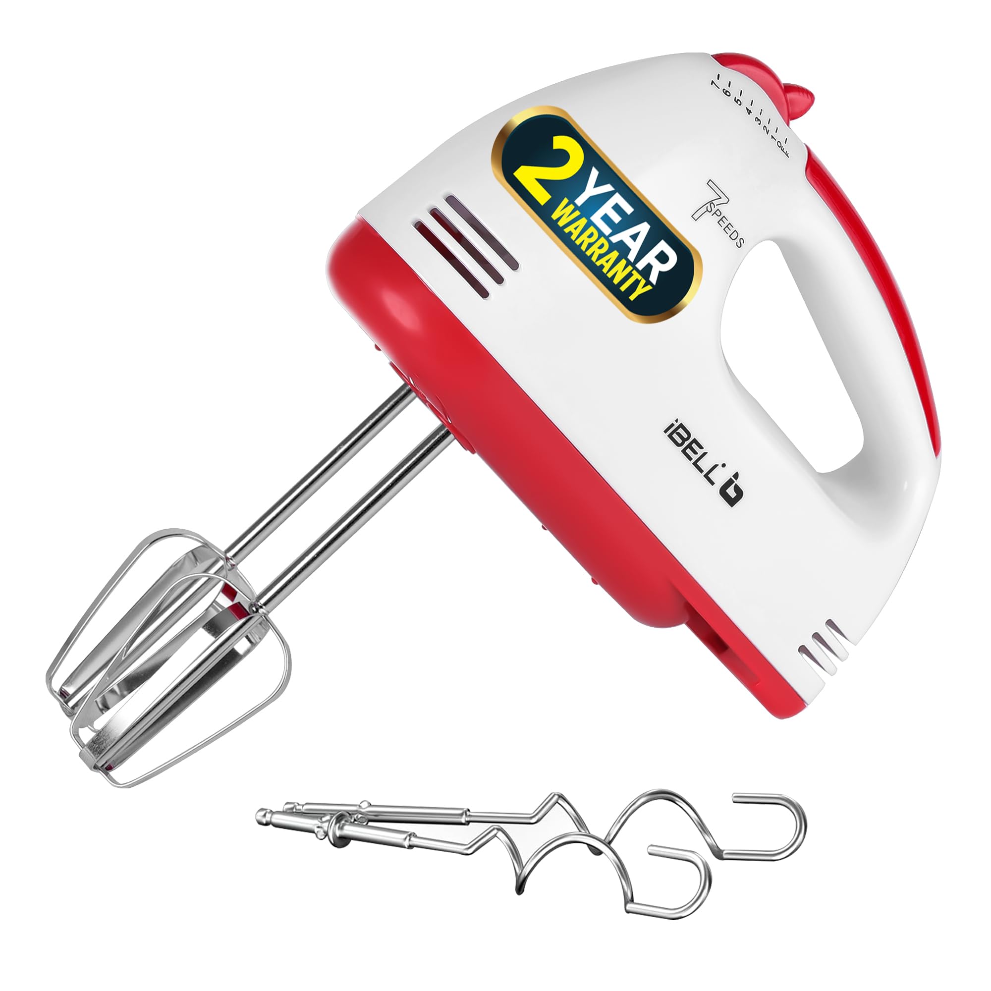 iBELL WHISK280 Hand Mixer, 280W, 7 Speed Control Plus Turbo, Beater/Blender/Electric Cream Maker for Cakes, stainless, Dough Hooks (White)