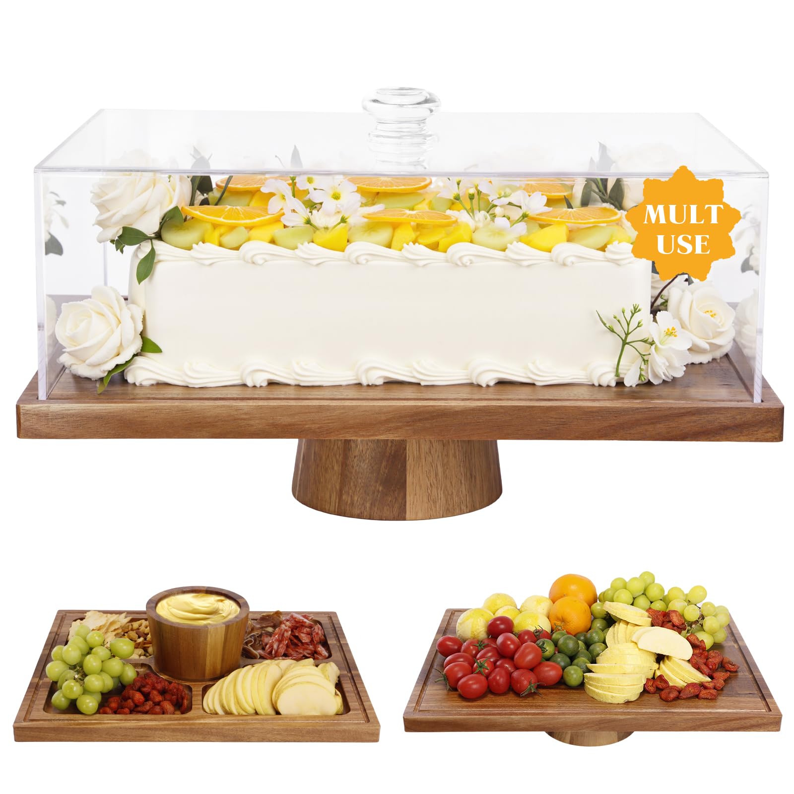 Soporte para tartas de madera de acacia con tapa, bandeja multifuncional para tartas con pie, tabla de servir y pantalla de postre, cubierta de cúpula de acrílico irrompible, placa de carcutería para