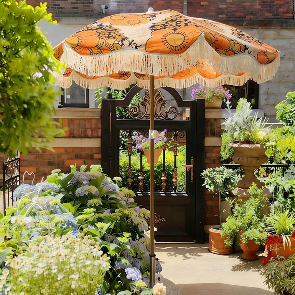 200 cm Parasol Ogrodowy w Boho z Frędzlami, Vintage Odchylany Parasol Ogrodowy, Baldachimem z Nadrukiem do Basenów Plażę